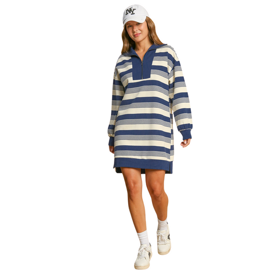 Upgrade your wardrobe with the stylish and versatile Striped Half Zip Dress by Umgee. This denim dress features a chic striped pattern, a convenient half zip closure, and long sleeves for added comfort. Perfect for any occasion, this mini dress is a must-have for fashion-forward individuals.