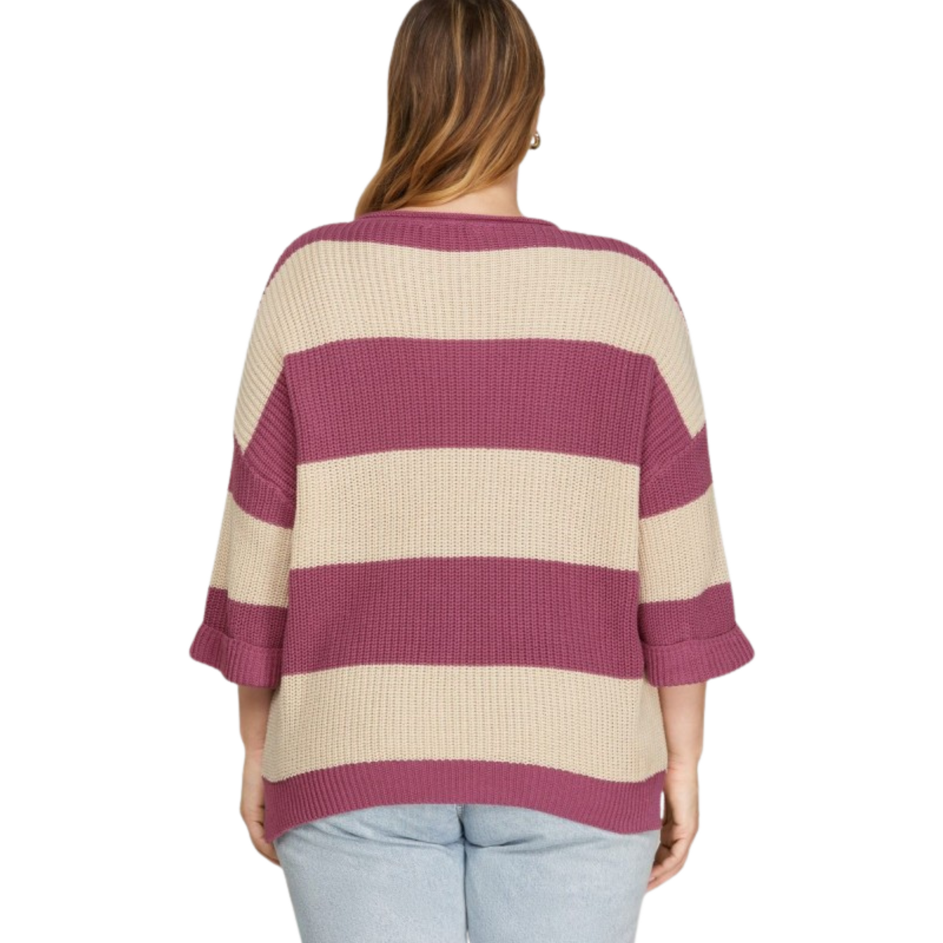 This plus-size striped knit sweater from Mad Fit offers a sophisticated blend of mauve and taupe hues, creating a versatile palette for your wardrobe. Its V-neck design enhances comfort and elongates the neckline, while the soft knit fabric ensures warmth without bulk. Ideal for layering or wearing alone, this piece combines style and functionality tailored to plus-size figures.