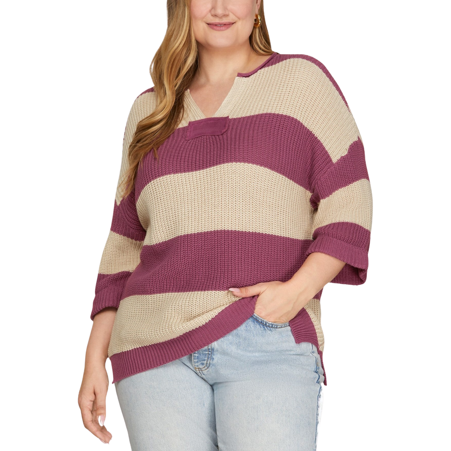 This plus-size striped knit sweater from Mad Fit offers a sophisticated blend of mauve and taupe hues, creating a versatile palette for your wardrobe. Its V-neck design enhances comfort and elongates the neckline, while the soft knit fabric ensures warmth without bulk. Ideal for layering or wearing alone, this piece combines style and functionality tailored to plus-size figures.