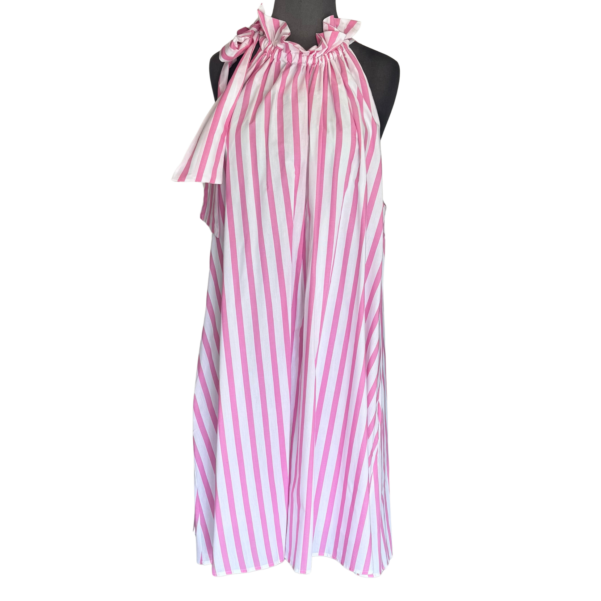 This pink and white striped dress features a playful ruffle neck design and a mini dress length, perfect for warmer weather. Its sleeveless design is both stylish and comfortable.