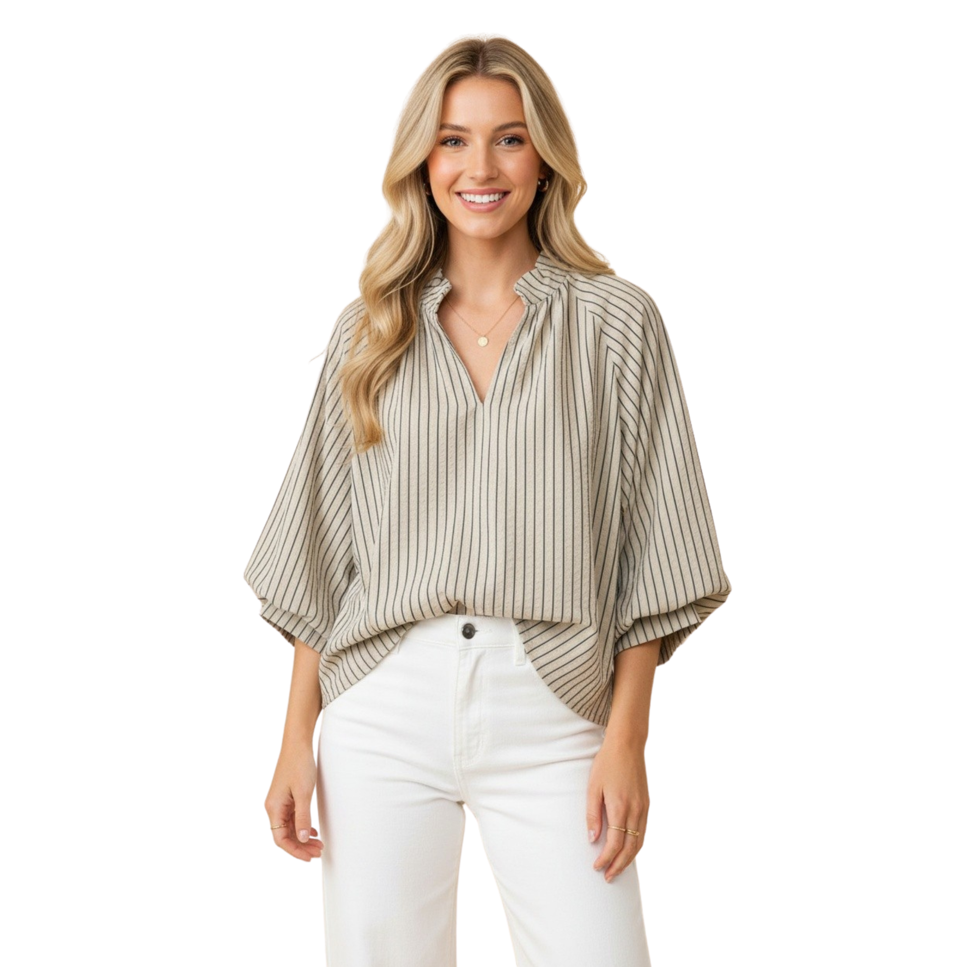 Effortless elegance meets comfort in this light sage striped blouse from Hemish USA. Designed for the modern woman, it features a flattering V-neck, three-quarter length sleeves, and a delicate scalloped hem that adds a touch of sophistication. The relaxed fit and quality construction make it perfect for layering or wearing solo. A versatile piece that transitions seamlessly from casual to polished looks.
