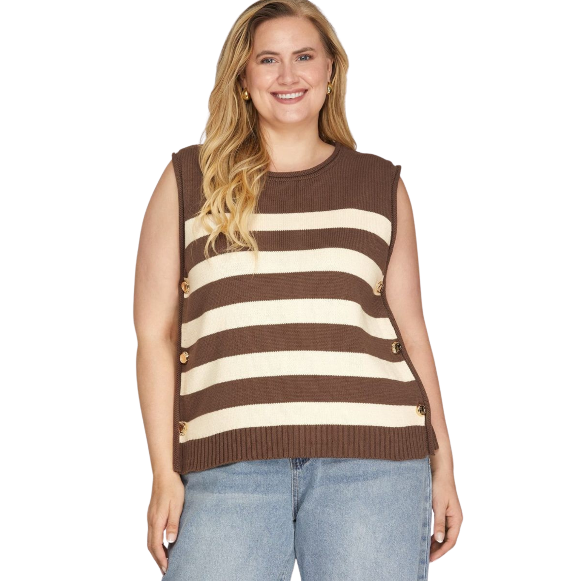 Effortless style meets comfort in this brown striped sweater top from She+Sky. The sleeveless design offers versatility for layering or wearing solo, while the classic striped pattern adds visual interest to any outfit. Crafted for the modern plus-size figure, this top provides a flattering fit and quality construction. Perfect for casual days, work settings, or weekend wear. Layer it over a long-sleeve shirt or pair it with your favorite bottoms for endless styling possibilities.