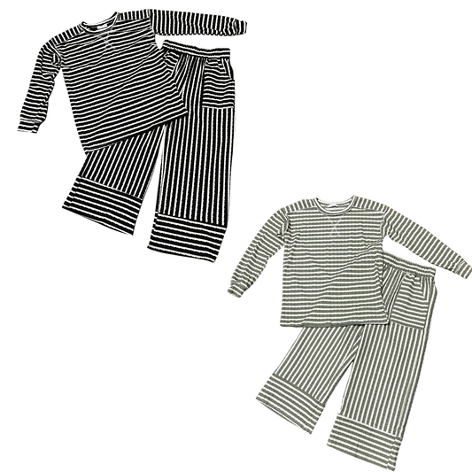Elevate your loungewear collection with this comfortable striped top and pants set from Lovely Melody. Featuring a relaxed long-sleeve design, this versatile two-piece set is perfect for casual days at home or relaxed outings. Available in classic black or earthy olive, the timeless stripe pattern adds visual interest to your everyday wardrobe. Soft, breathable fabric ensures all-day comfort and ease of movement.