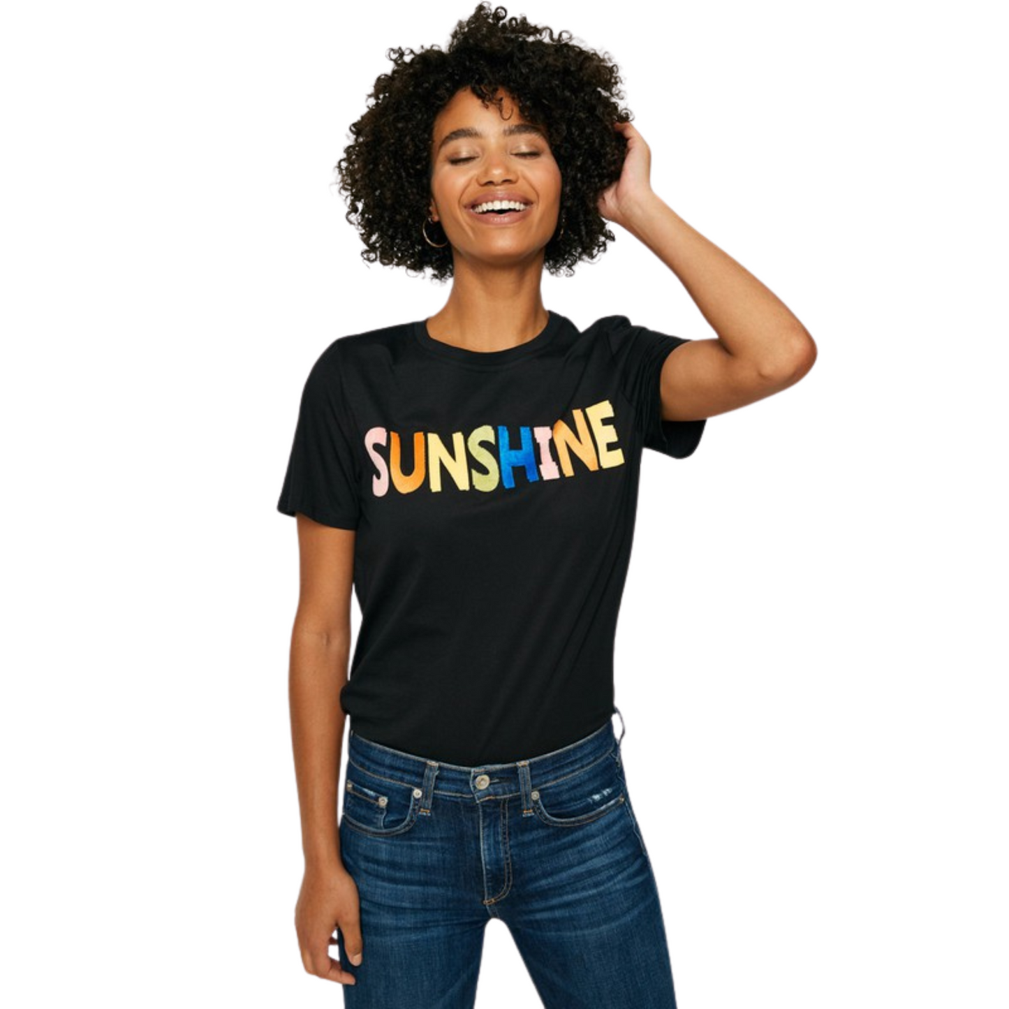 Sunshine Flocked Tee is crafted with a lightweight stretch fabric,<br>featuring a banded round-cut neckline, dual side slits, and a <br>pull-on silhouette.