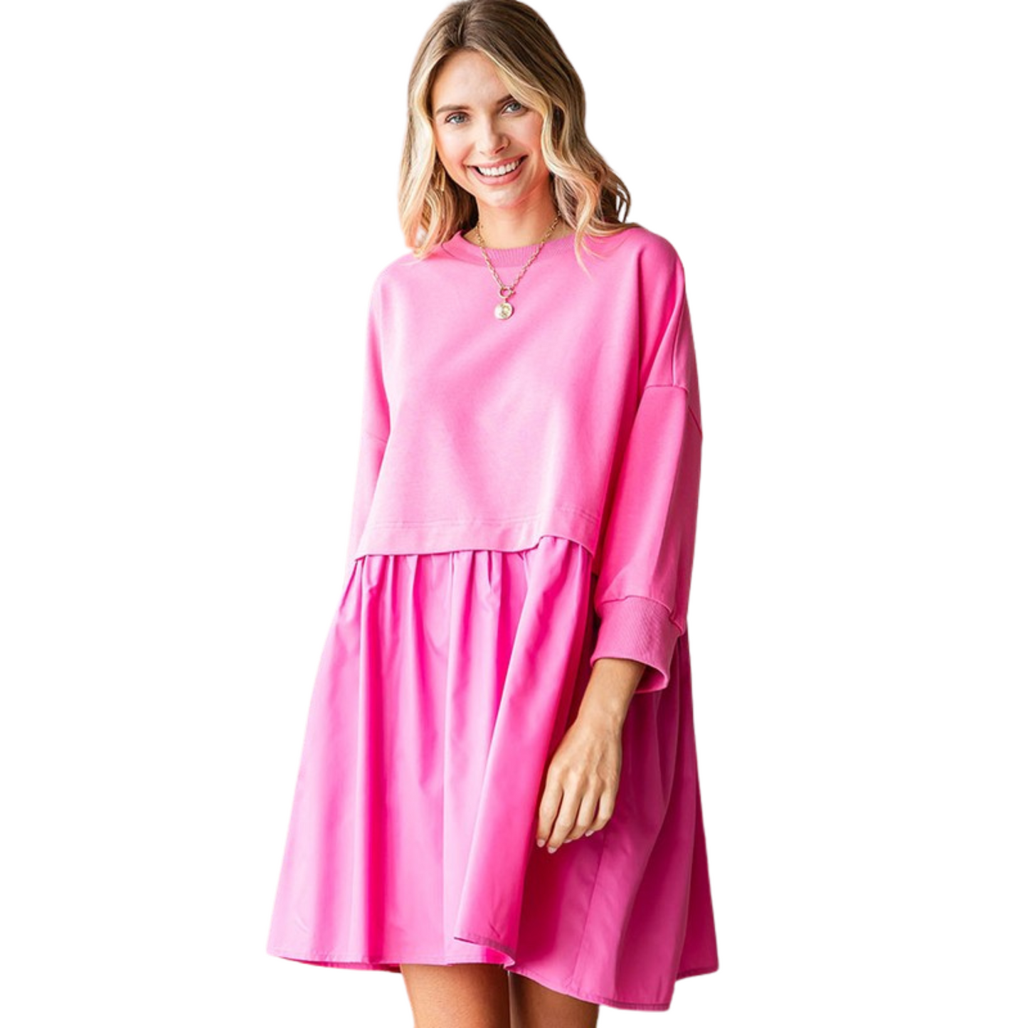 This 3/4 Sleeve Contrast Sweatshirt Dress is the perfect addition to your wardrobe. Made with a solid colored fabric, it features a crew neckline and dropped shoulder banded cuffs, providing maximum comfort and style. The contrasting shirred bottom layer adds a unique touch to this dress. Perfect for any occasion.