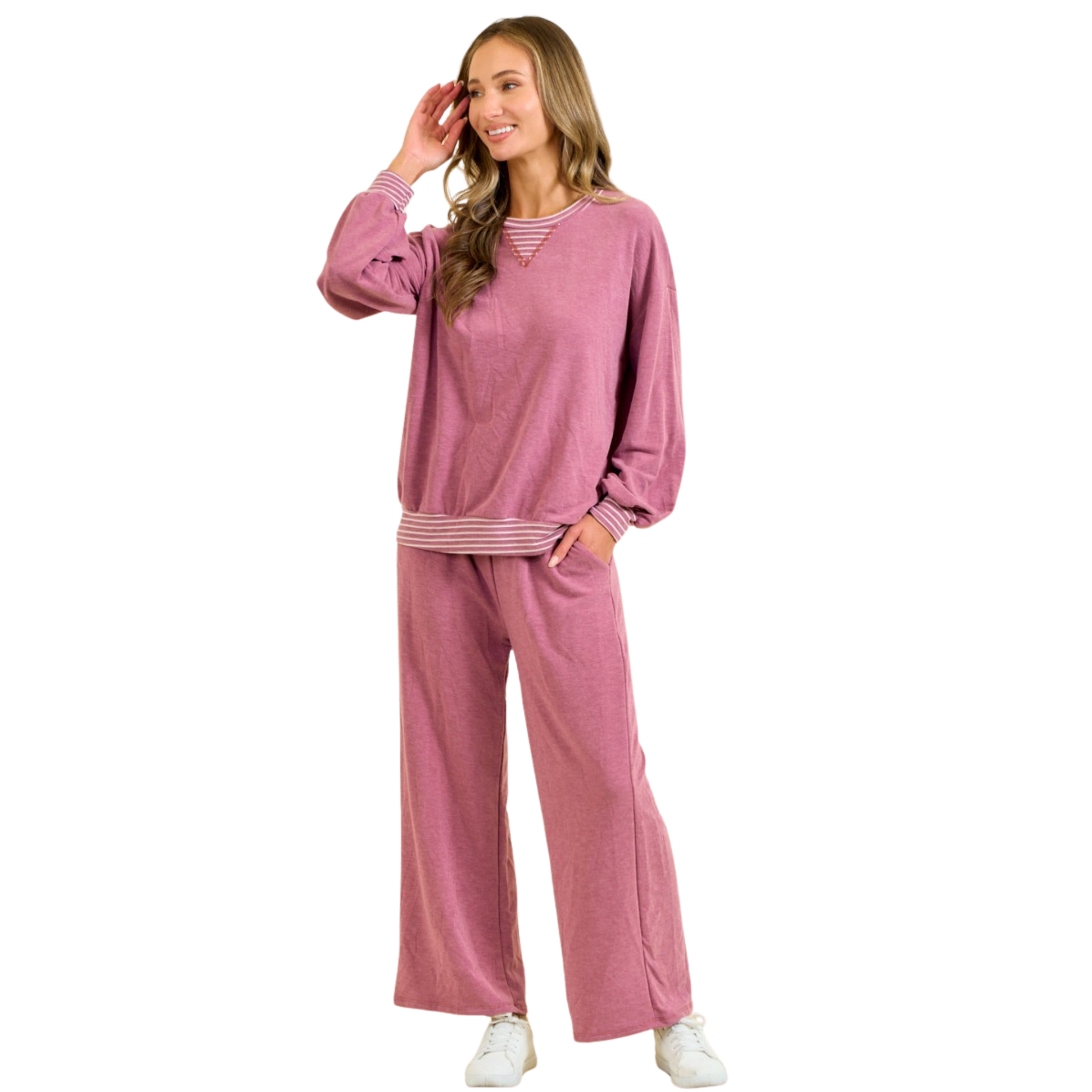 Embrace comfort and style with the Lovely Melody New Mode Sweatshirt Top and Bottom Set. This coordinated two-piece features a dark mauve long sleeve sweatshirt top paired with matching pants, creating a cohesive, effortless look. Perfect for lounging, casual outings, or layering, this set combines soft fabric with timeless color for versatile everyday wear.