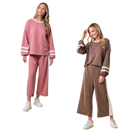 This My Way To Go Set is made of soft lightweight French terry material. Featuring a solid band contrast at the sides, this top and bottom set comes in two colors: mauve and mocha. Dress to impress and feel comfortable in this stylish two-piece set.