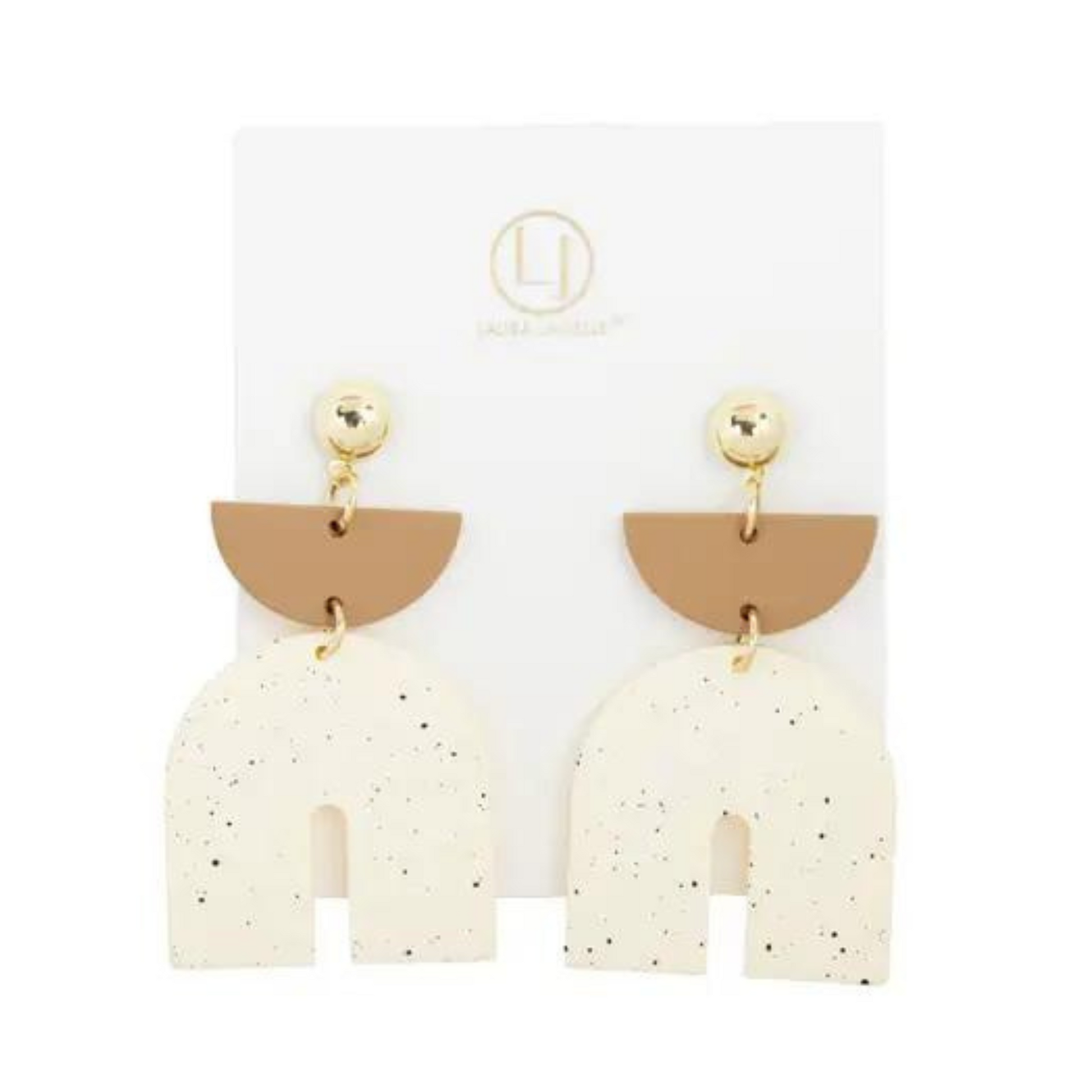 These stylish Clay Arch Earrings feature a tan and white color combination, with a unique speckled pattern. The arch design adds a modern touch, while the dangle style creates an eye-catching look. Elevate your outfit with these statement earrings.