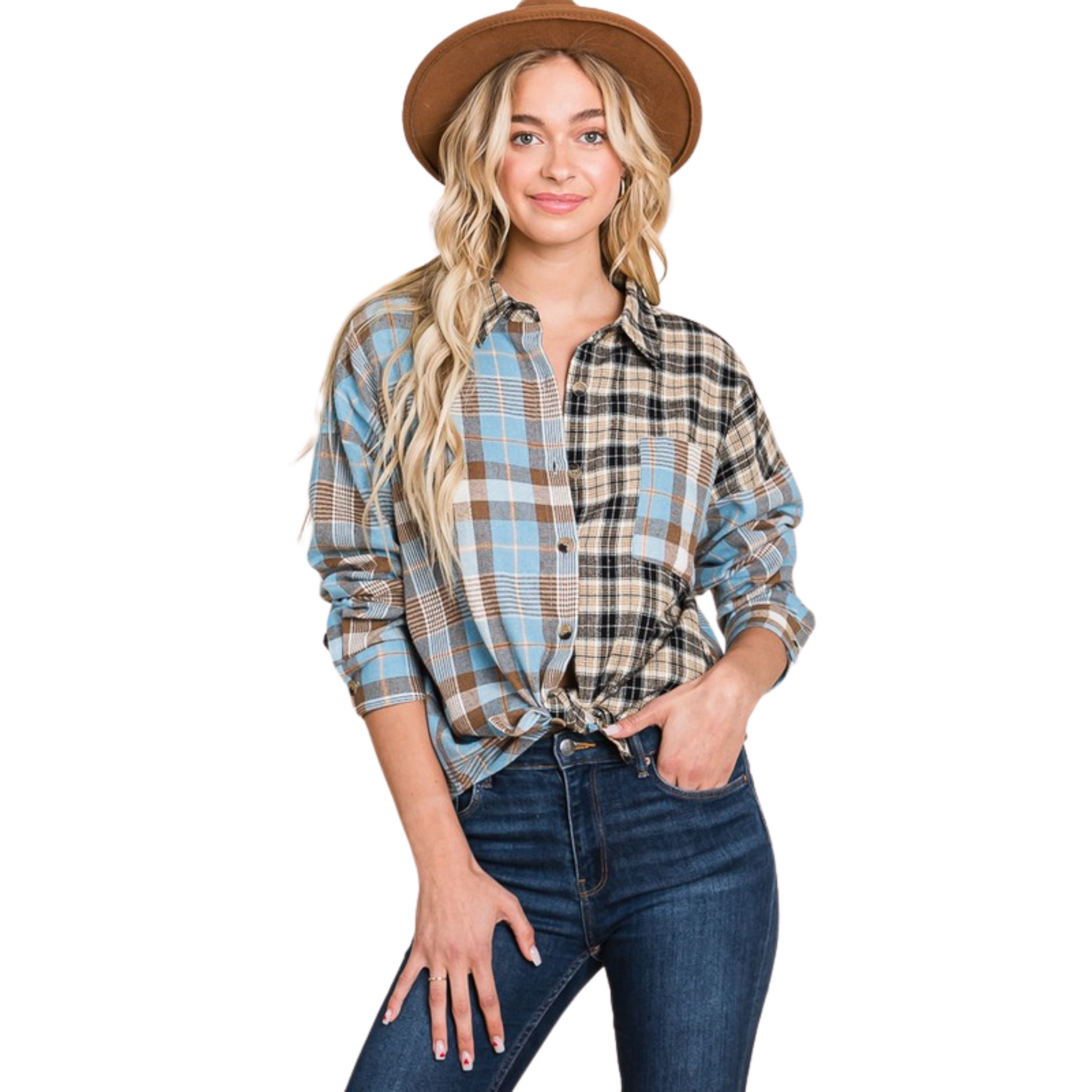 Tartan Check Flannel Top adds an element of style to your look. This versatile top features a mixed plaid pattern, collared neckline, button down design and pocket for added functionality. Made with 100% cotton for comfort, this blue plaid top is perfect for work or play.