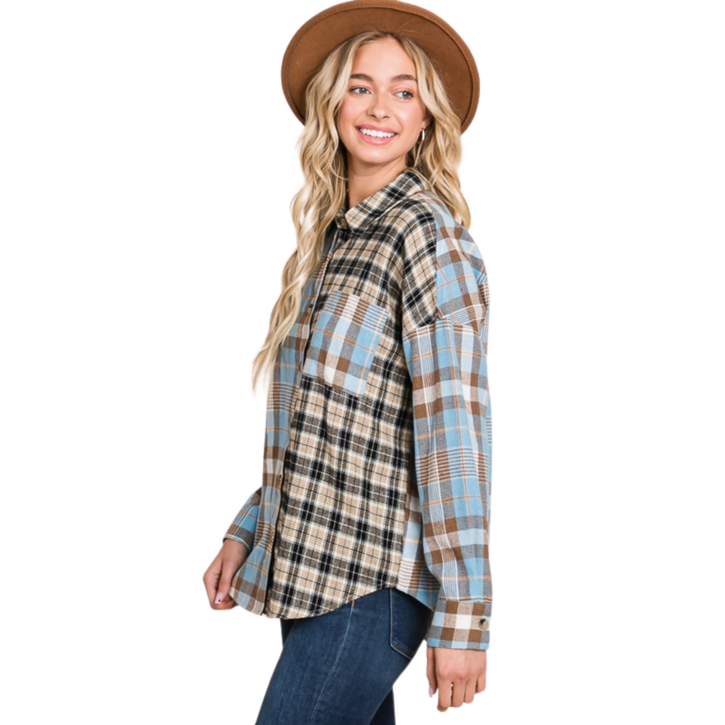 Tartan Check Flannel Top adds an element of style to your look. This versatile top features a mixed plaid pattern, collared neckline, button down design and pocket for added functionality. Made with 100% cotton for comfort, this blue plaid top is perfect for work or play.