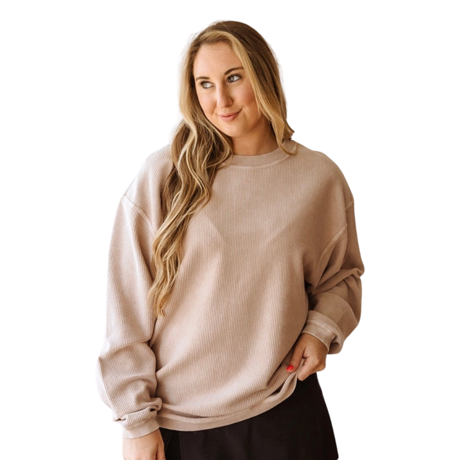 Corded crew neck top in taupe
