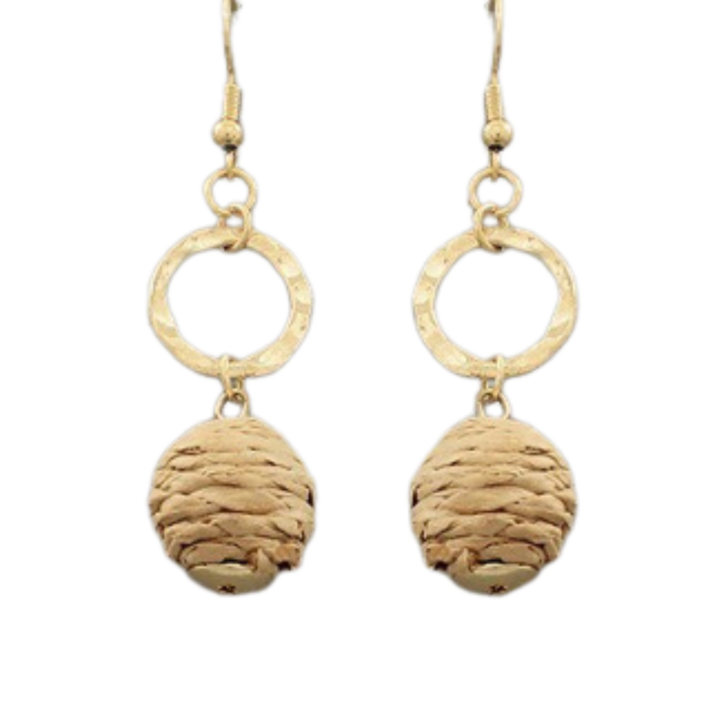 taupe ball drop earrings with a gold circle accent