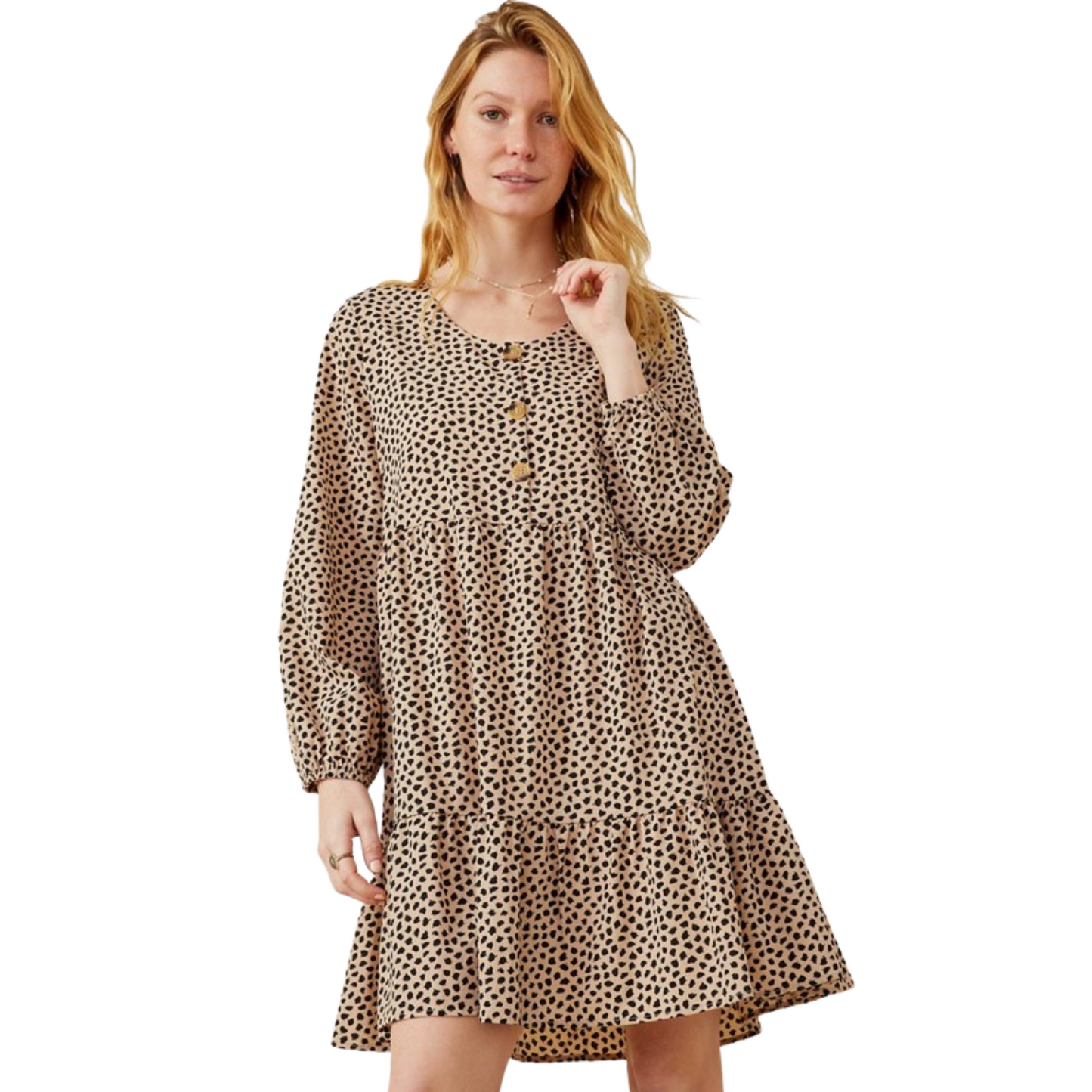 This long sleeve tiered mini dress is made from a lightweight leopard print fabric and features stylish button-down details. Its softly gathered waistline and tiered silhouette create a flattering silhouette for any body type. The classic taupe color makes this dress easily wearable for any occasion.