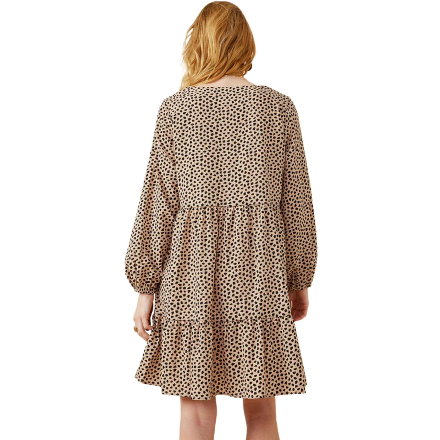 This long sleeve tiered mini dress is made from a lightweight leopard print fabric and features stylish button-down details. Its softly gathered waistline and tiered silhouette create a flattering silhouette for any body type. The classic taupe color makes this dress easily wearable for any occasion.