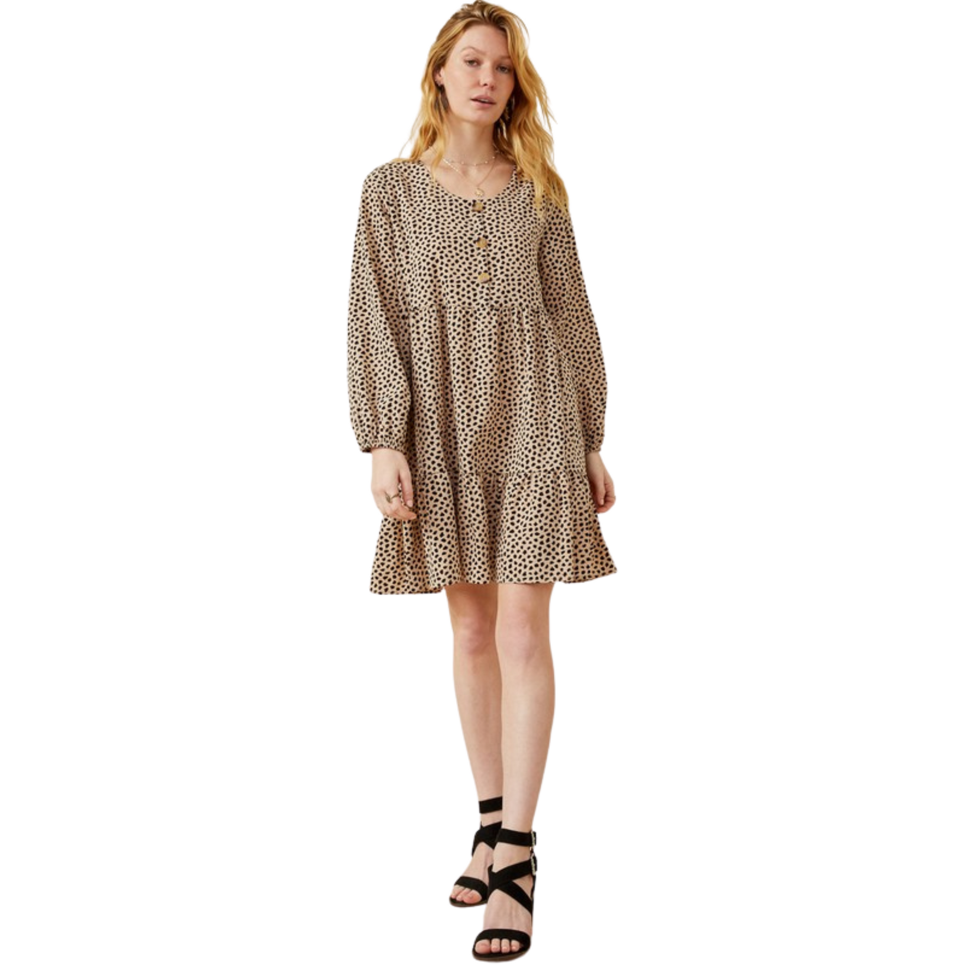 This long sleeve tiered mini dress is made from a lightweight leopard print fabric and features stylish button-down details. Its softly gathered waistline and tiered silhouette create a flattering silhouette for any body type. The classic taupe color makes this dress easily wearable for any occasion.