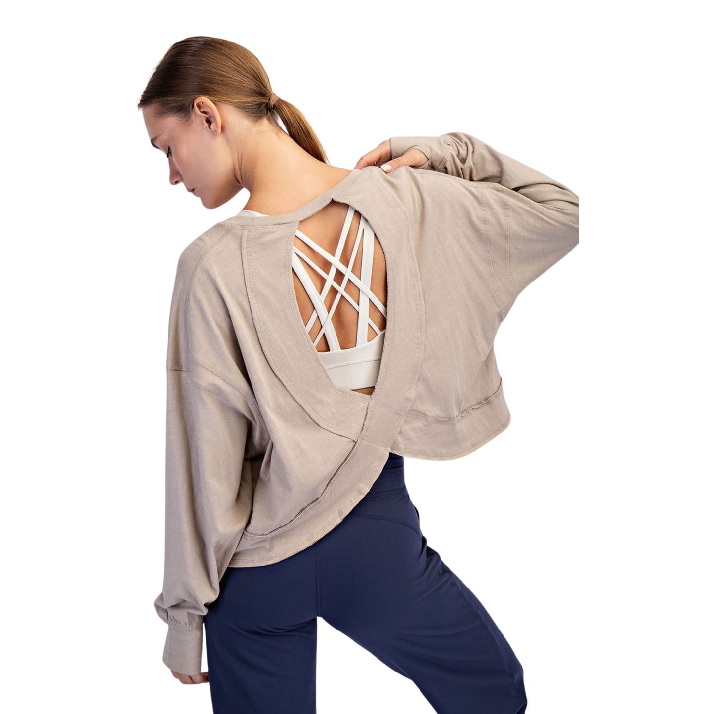 Open back long sleeve top in taupe