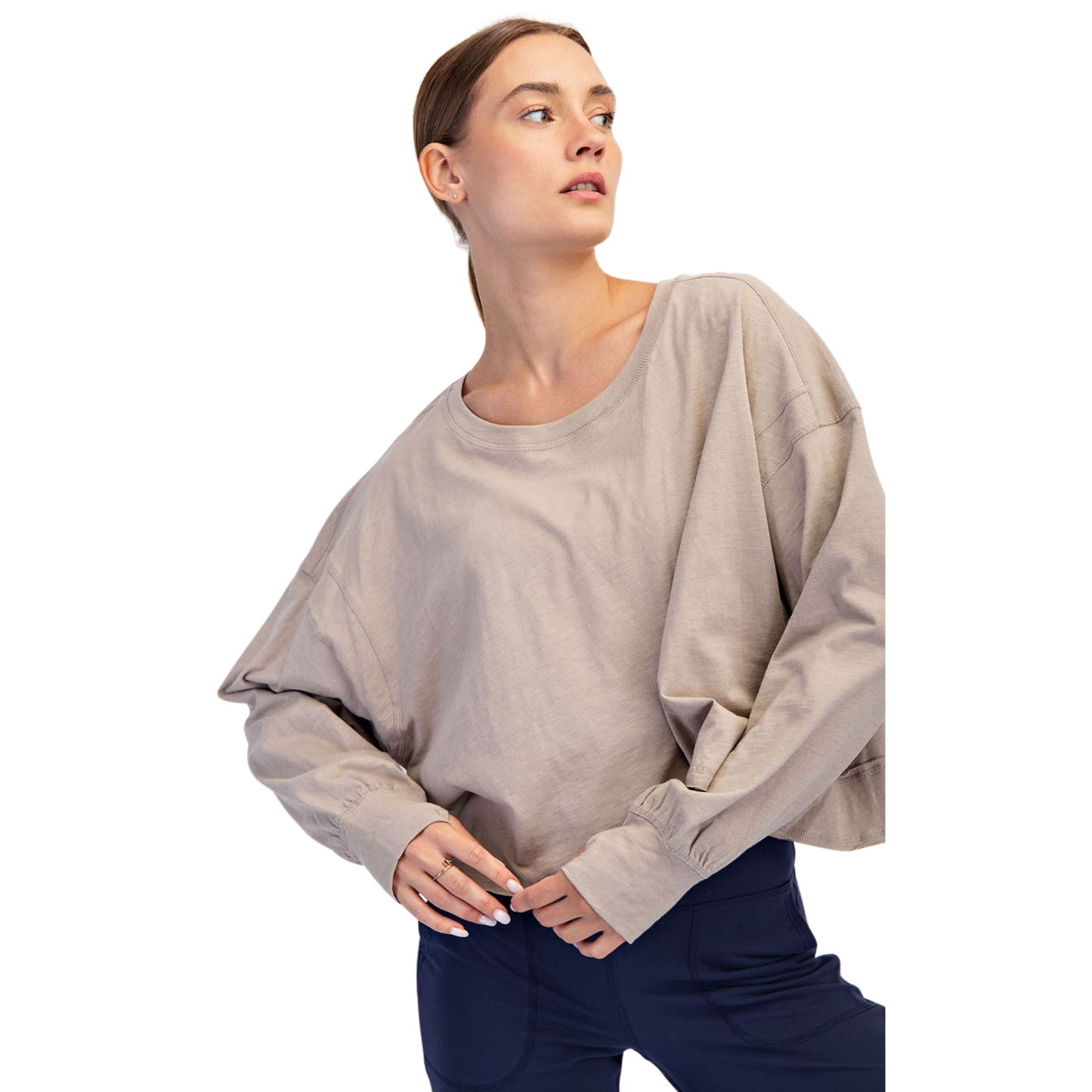 Open back long sleeve top in taupe