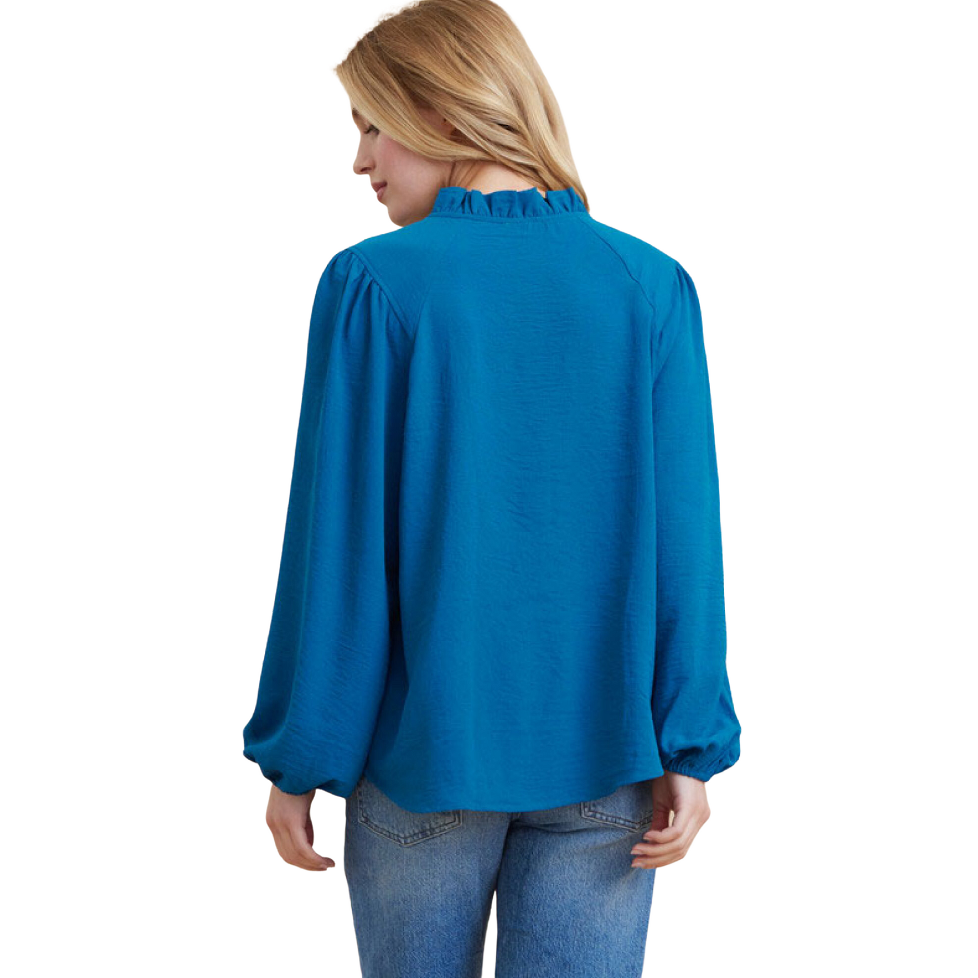 This Bubble Sleeve Top is perfect for making a statement. It features solid, lightweight material, long bubble sleeves, and a frilled self-tie neck closure. The teal color makes this top stand out from the crowd. Get ready to turn heads!