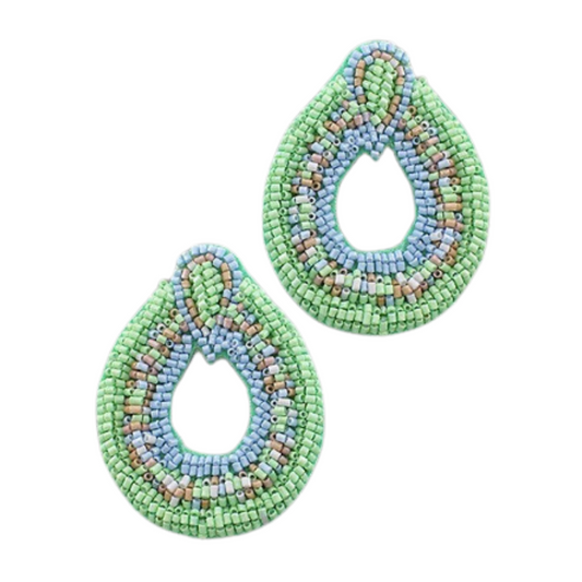 These Teardrop Beaded Hoops feature an eye-catching combination of blue and green colors and a teardrop shape. The hoops are decorated with intricate beading for a unique look. Perfect for adding a statement to any outfit.
