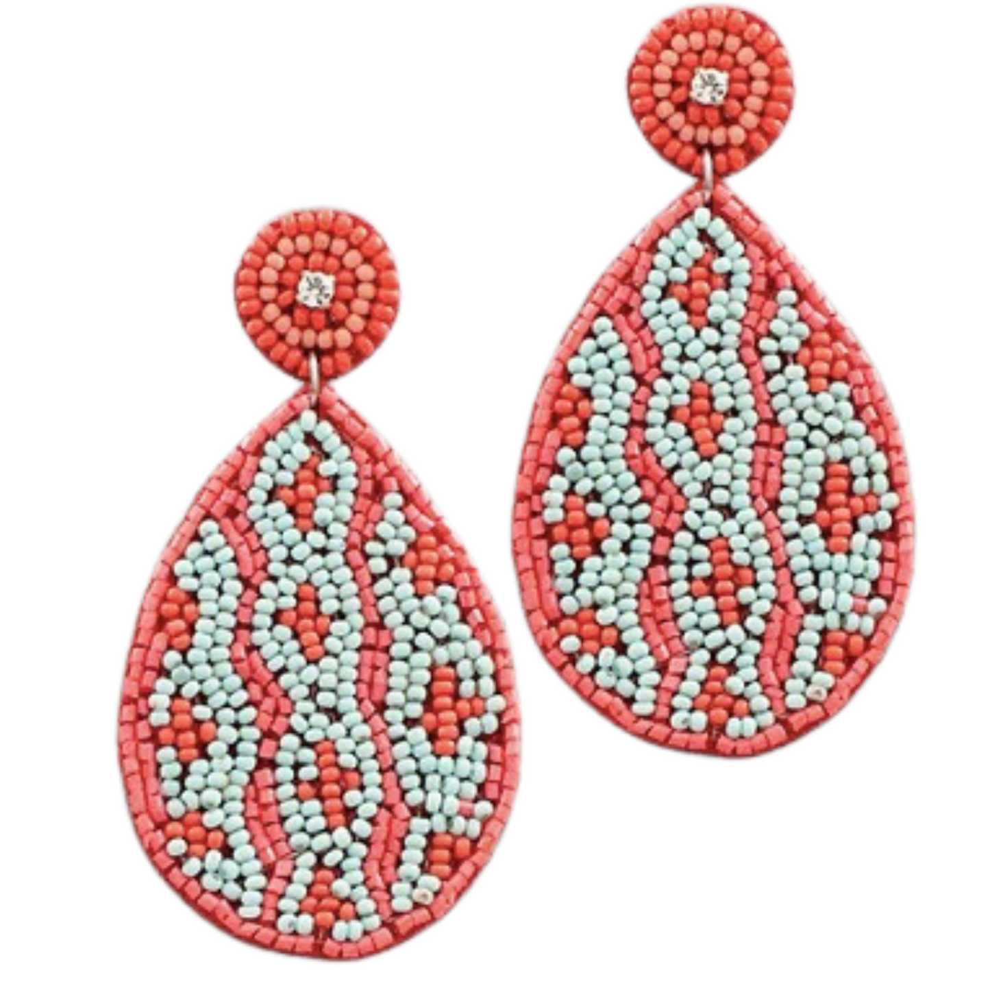 coral and light blue beaded teardrop earrings
