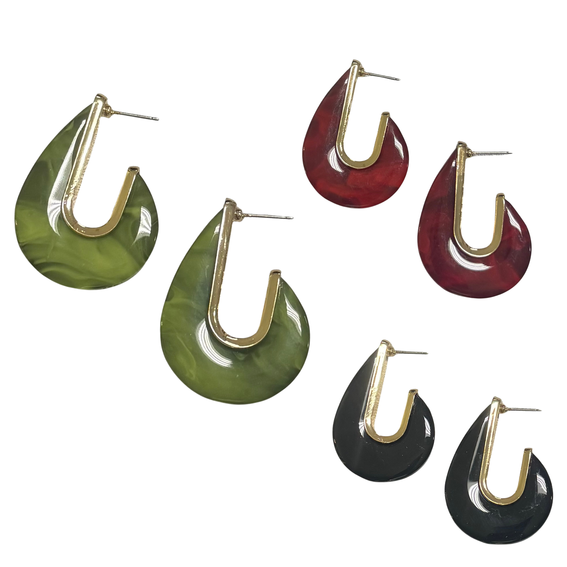 Elegant teardrop earrings by Perdido Gems, crafted with lustrous gold accents that catch the light beautifully. Choose from rich red, sleek black, or vibrant green to match your personal style. These versatile pieces work seamlessly from day to evening, adding a polished touch to any outfit.