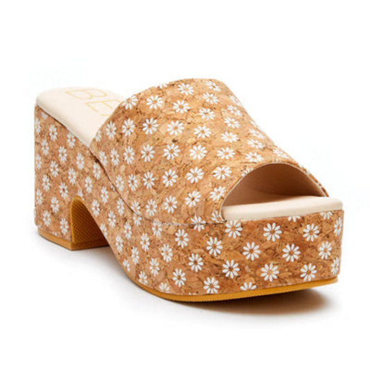 Open toe sandal wedge from Matisse. Cork material, with daisy print design