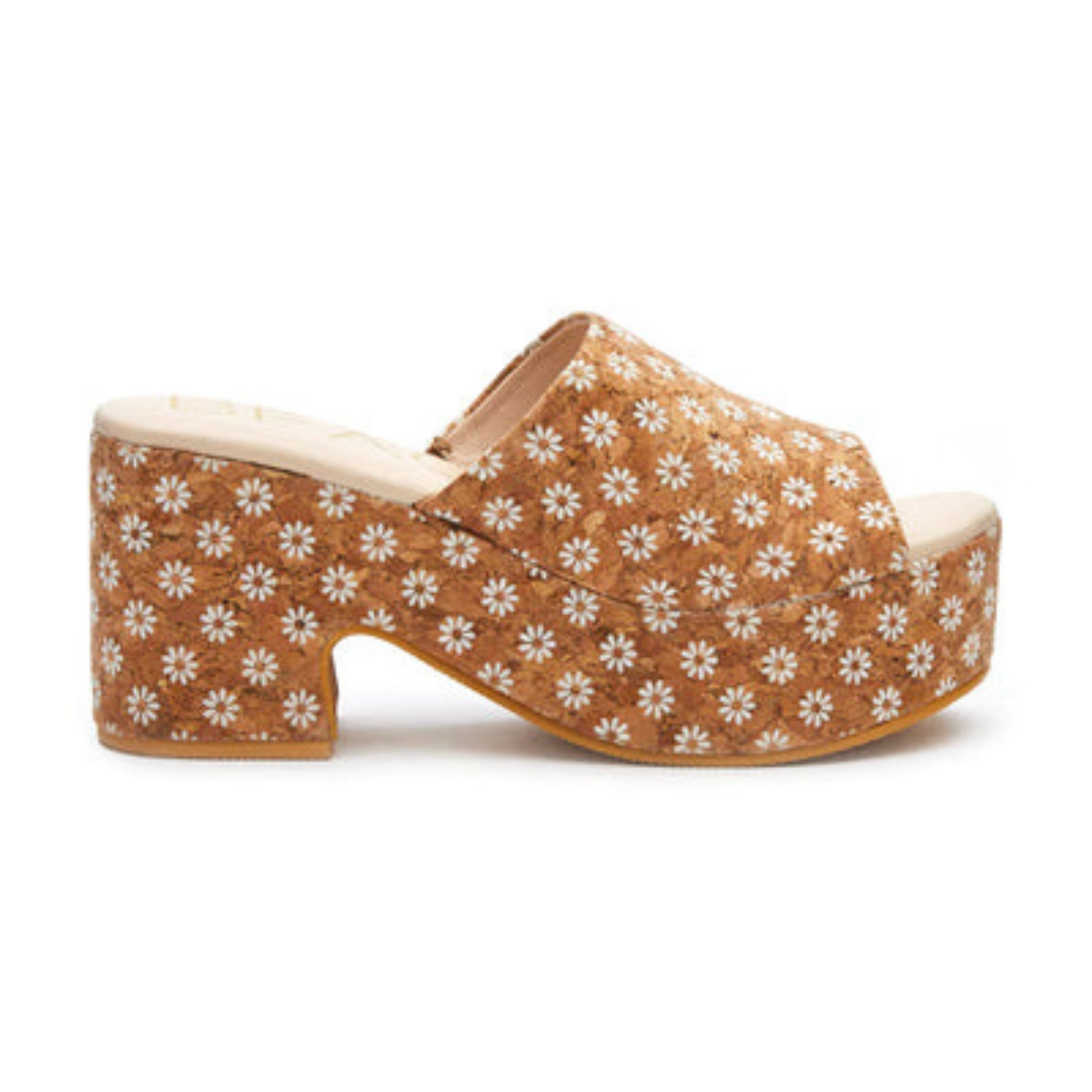 open toe sandal wedge from Matisse. Made from cork material, with daisy print design