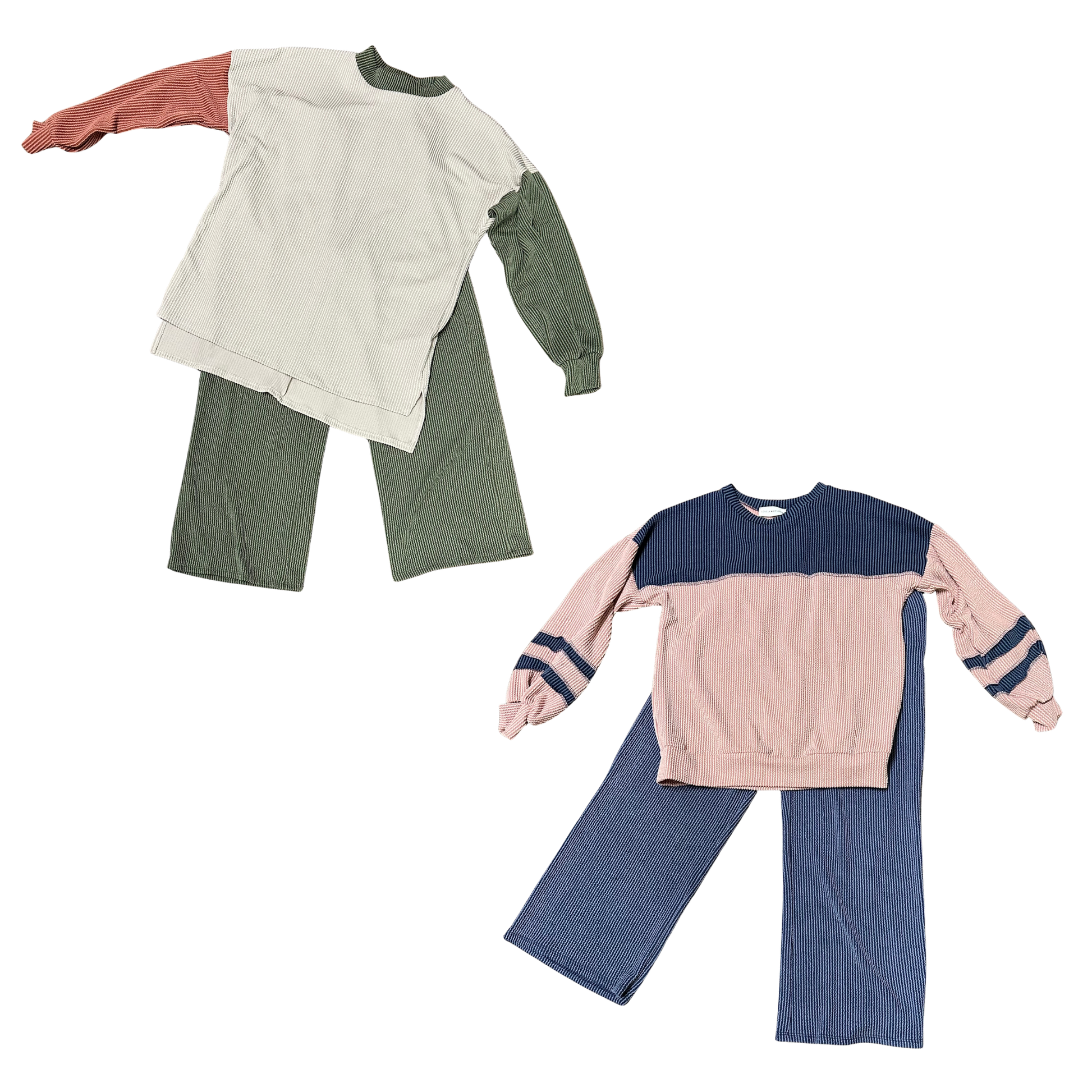 Cozy two-piece set featuring a long sleeve textured top paired with matching bottoms. Available in soft mauve or oatmeal tones. Perfect for relaxed days at home or casual outings. By Lovely Melody.