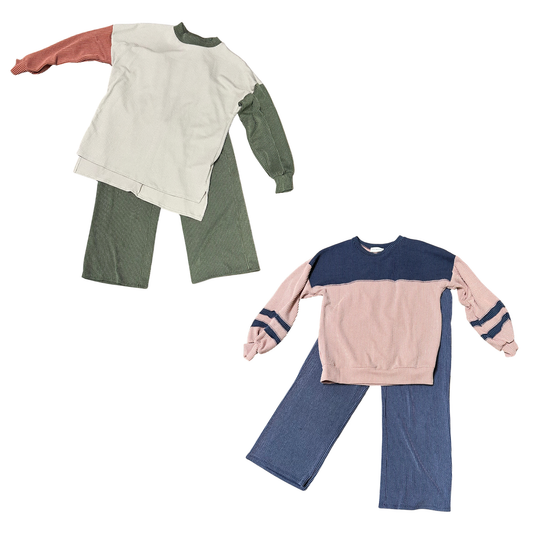 Cozy two-piece set featuring a long sleeve textured top paired with matching bottoms. Available in soft mauve or oatmeal tones. Perfect for relaxed days at home or casual outings. By Lovely Melody.