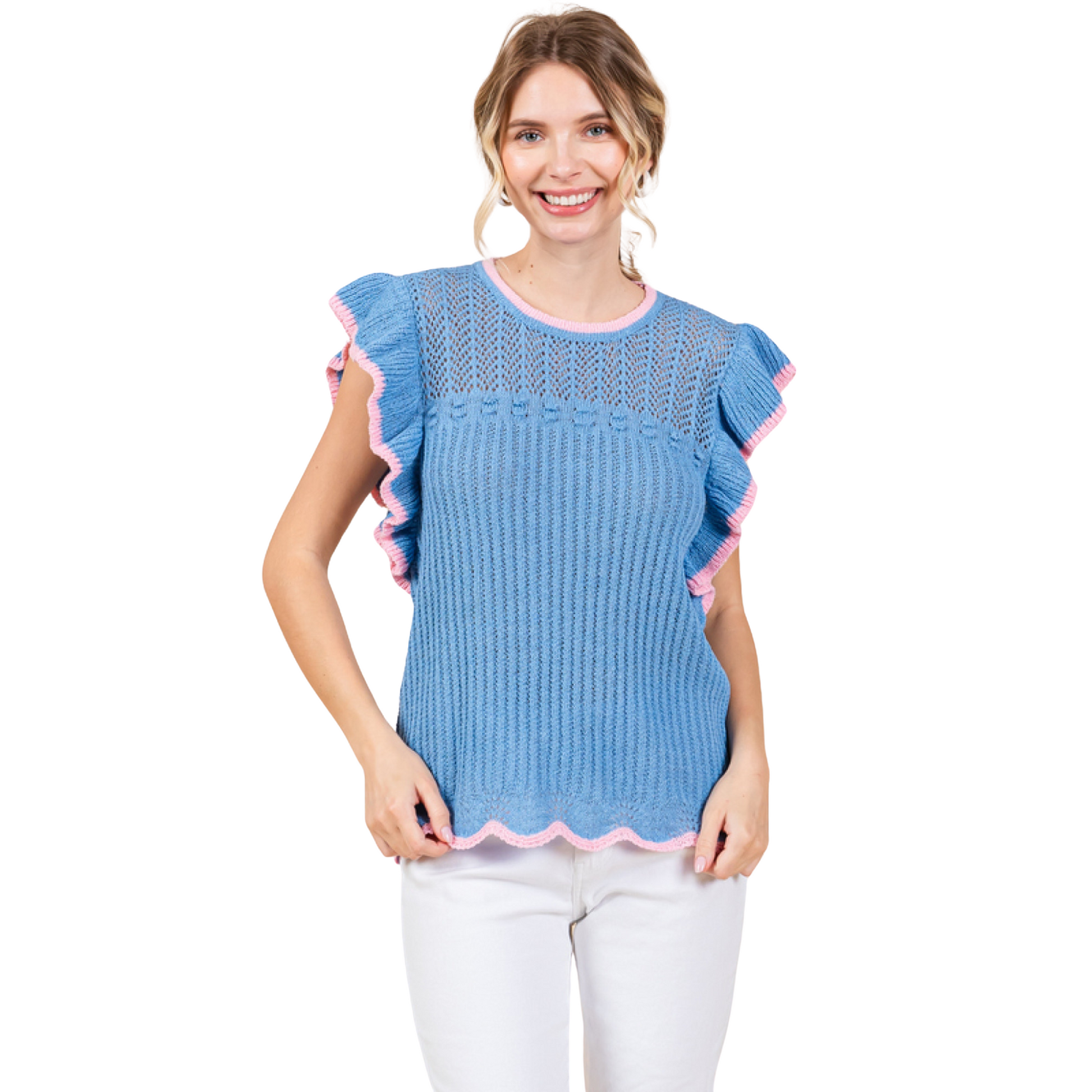 This summer knit top boasts a unique textured design, U-neckline, and delicate ruffled shoulder for a chic and stylish look. The color wave trim detail adds a pop of color to the light and airy fabric, perfect for warmer weather. Unlined and semi-sheer, this top is both comfortable and fashionable.