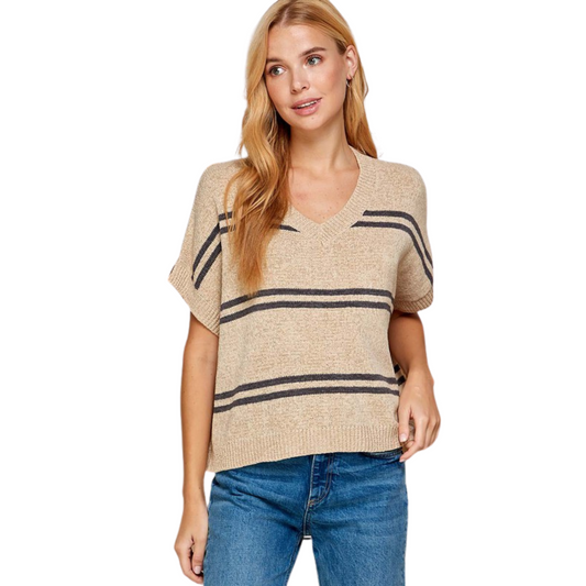 This classic Textured V-Neck Sweater Top is designed with a timeless style in a cream-colored base with a textured fabrication and a striped pattern. The v neck and short sleeve design create an effortless silhouette. Perfect for any formal or casual occasion.