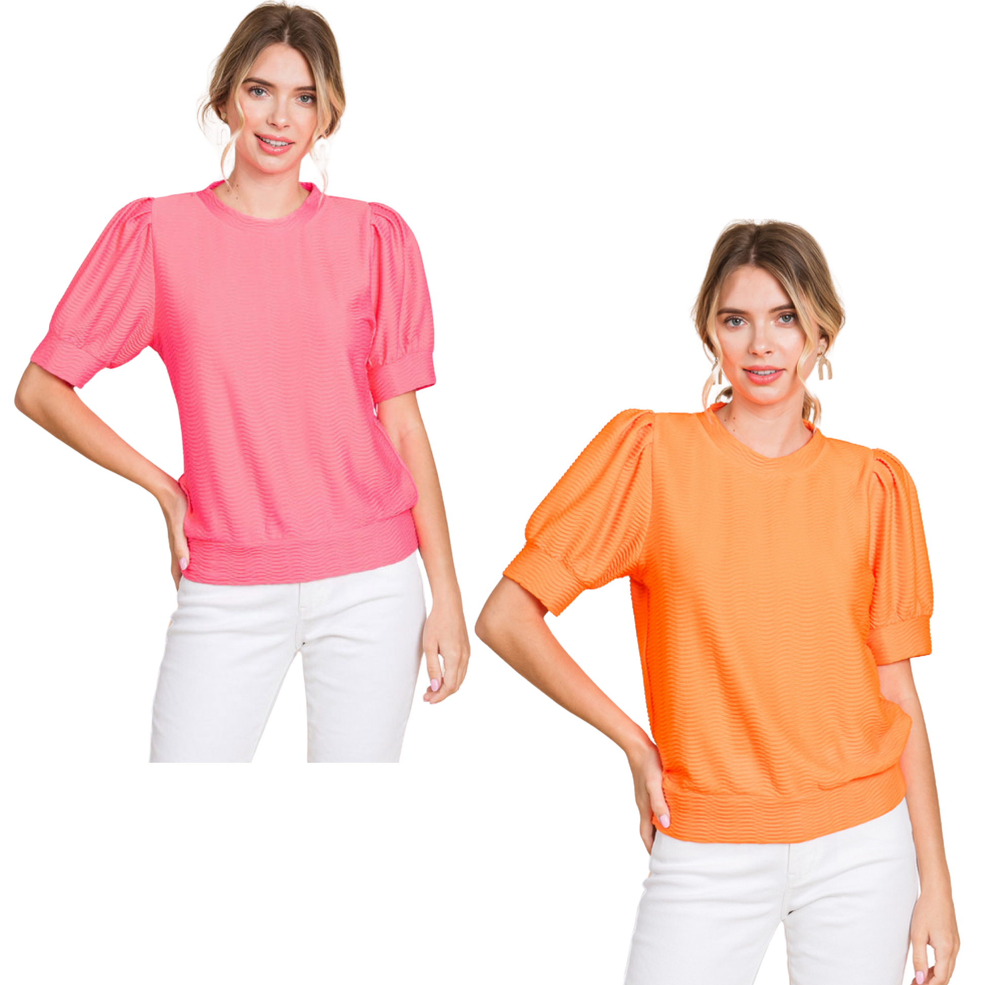 This Textured Short Sleeve Top features a trendy U-neck design, short puffed sleeves, and stylish band hems. Made of lightweight, non-sheer material, this top is perfect for any occasion. Choose from vibrant neon orange or neon pink to add a pop of color to your wardrobe.