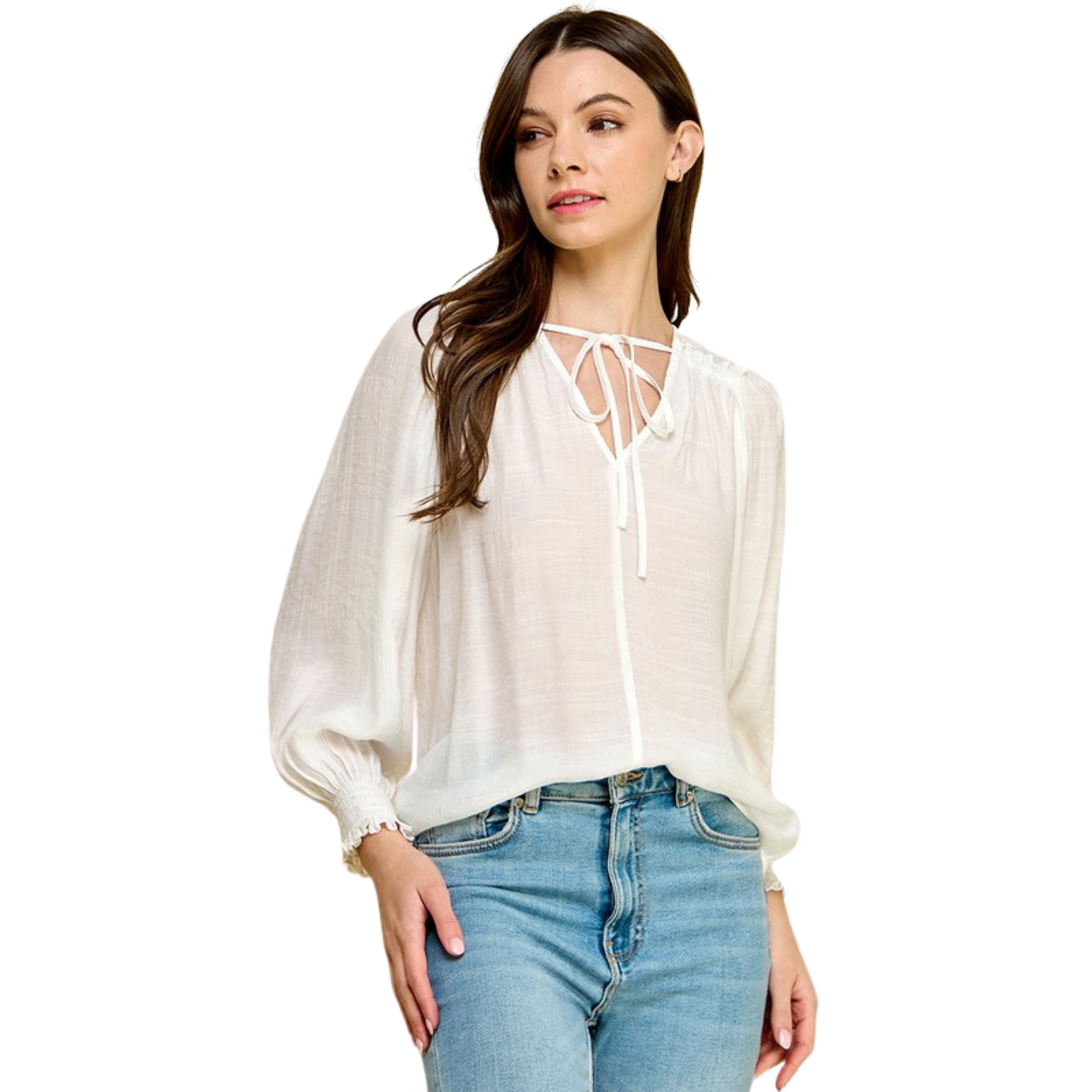 Stay cool in the summer heat with this lightweight Tied Neck Long Sleeve Top. The sheer, white color will keep you looking polished in the sun while the tie top ensures a flattering fit. Enjoy the lightweight material for a comfortable look all season.