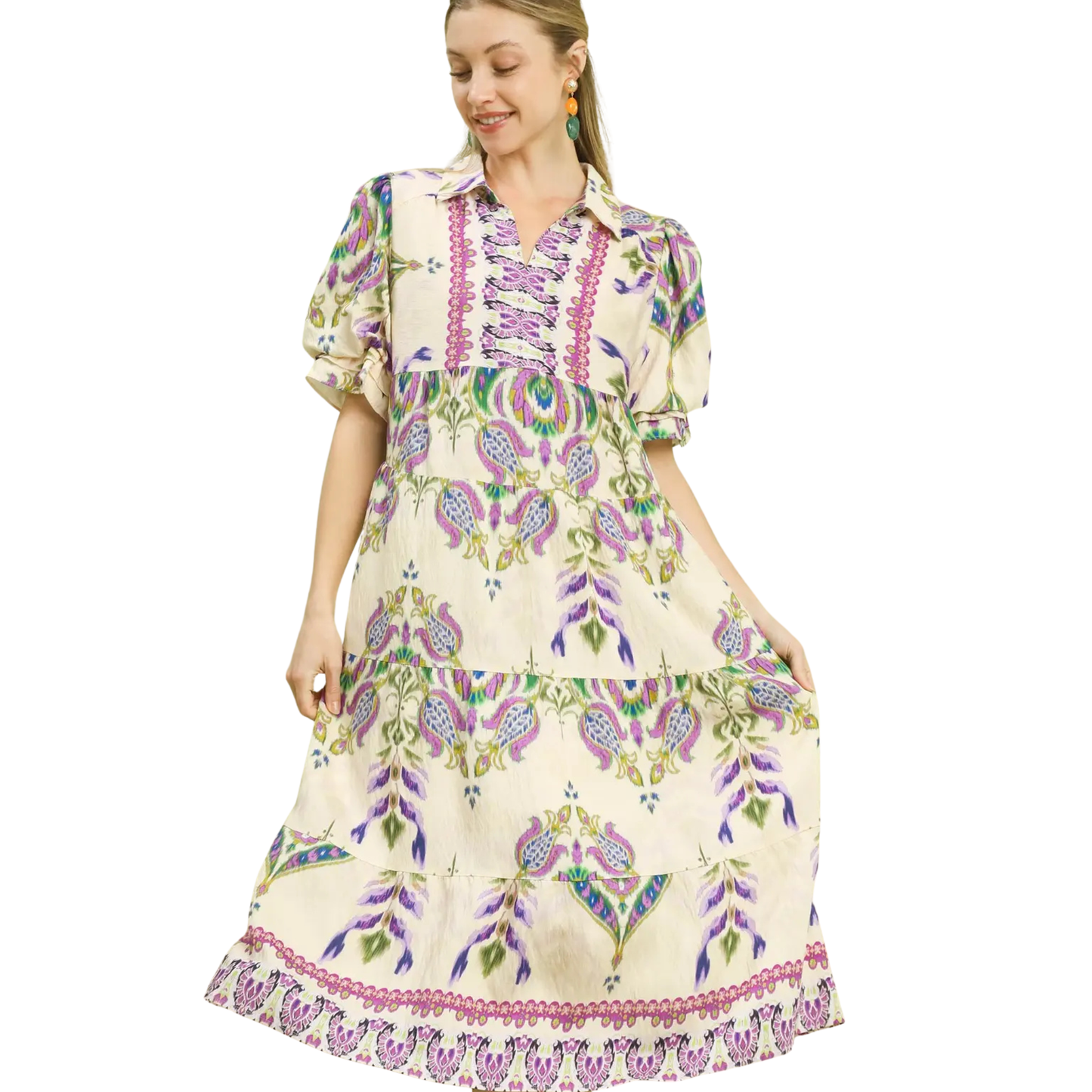 Elevate your wardrobe with this sophisticated Umgee tiered midi dress, designed for the discerning woman. The flattering V-neckline and crisp collar create a polished silhouette, while cascading tiers add dimension and movement throughout. Perfect for transitional dressing, this piece effortlessly bridges casual and refined occasions. The midi length offers timeless elegance with modern styling details. Crafted with attention to quality construction, this dress delivers versatile appeal for any season.