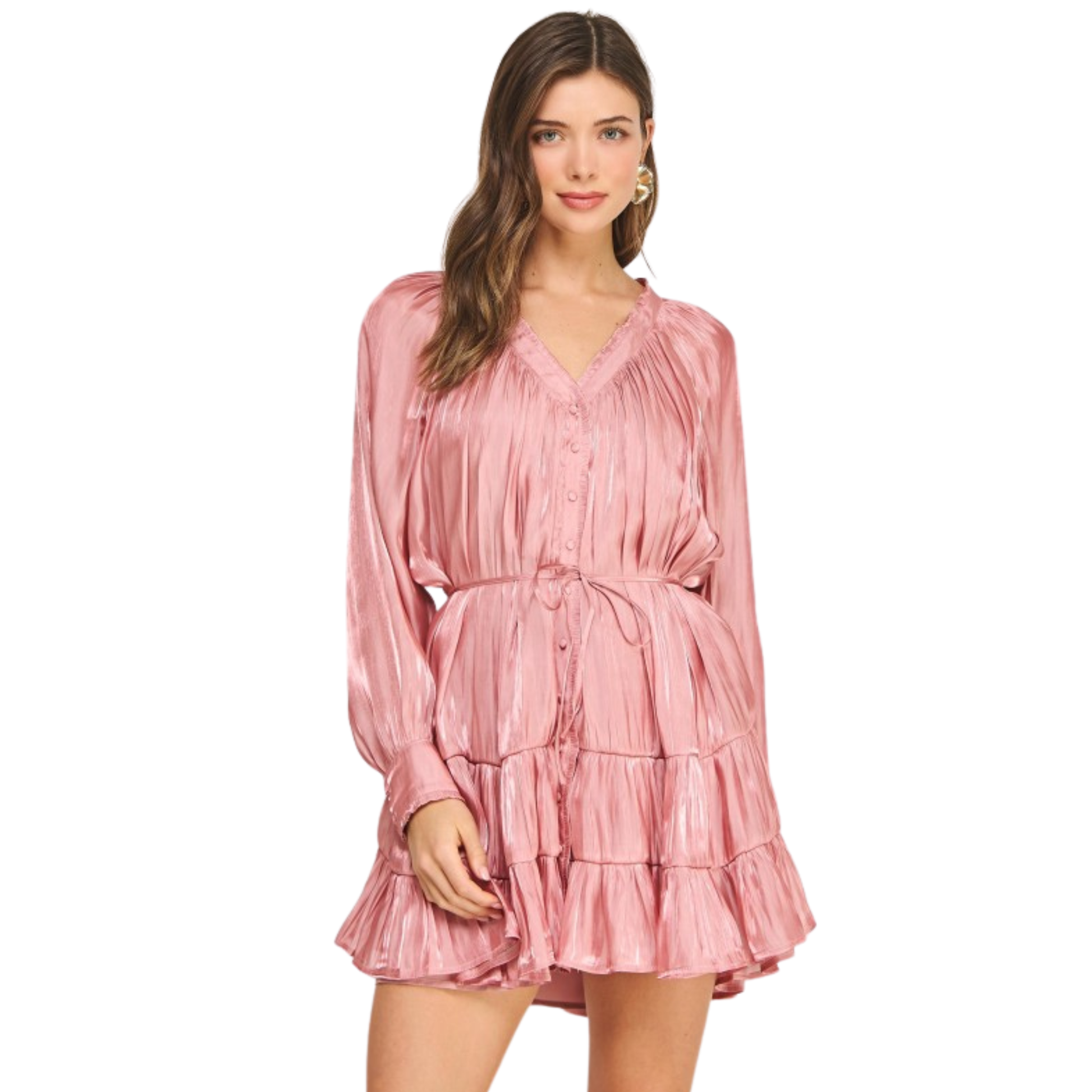 Elevate your evening wardrobe with this sophisticated tiered mini dress from Strut & Bolt. Crafted in luxurious satin, this piece features a refined button-front closure and long sleeves for versatile styling. The cascading tiered silhouette creates dimensional movement and visual interest, while the mauve hue offers a modern, understated elegance. Perfect for cocktail events, date nights, or elevated casual occasions, this dress transitions seamlessly from season to season.