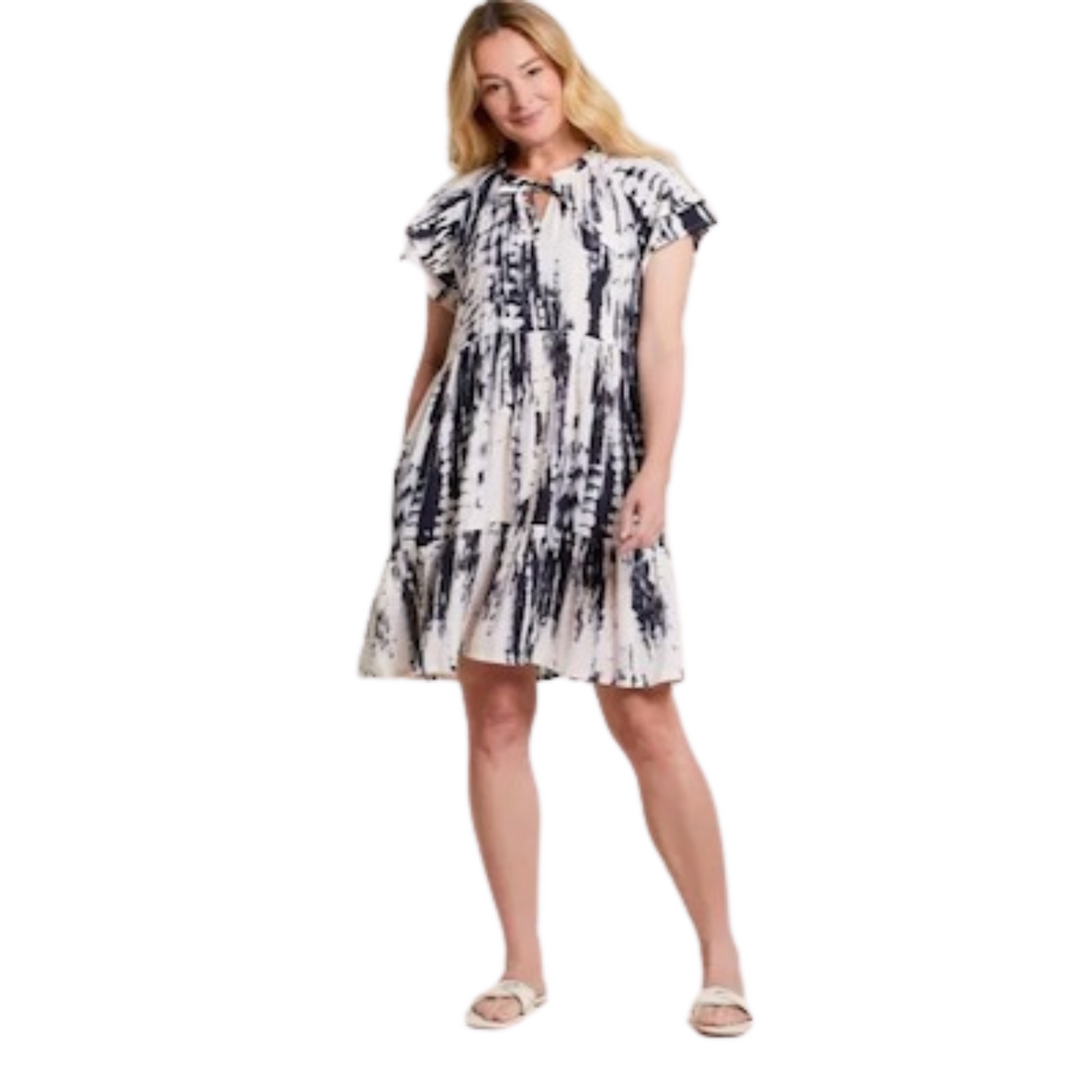 A comfy fit and striking print make this dress the front-runner in our spring wardrobe lineup. We're captivated by the flowy fabric with tiers from top to bottom, 36" length, and a notch neck framed by a frilled edge and a tie-up drawcord. It's effortless appeal makes a seriously stylish statement.