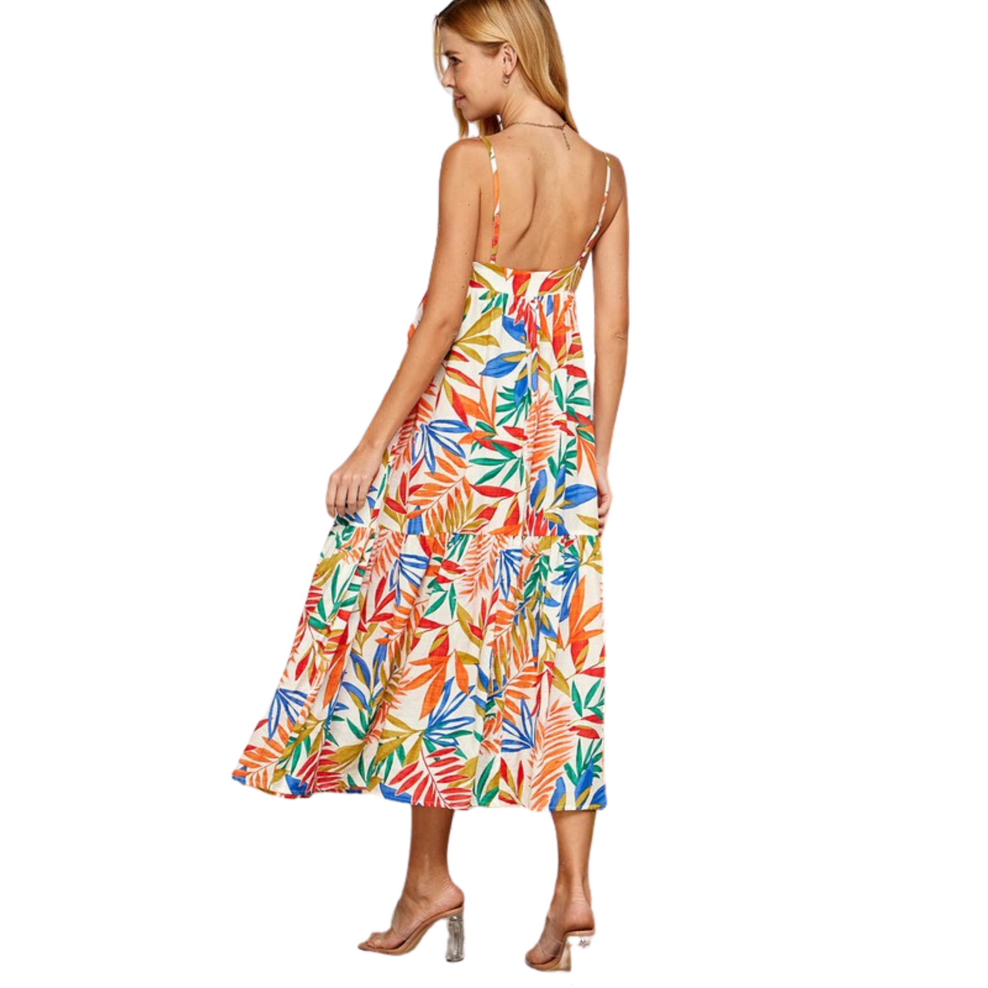 tiered maxi dress with a multicolor tropical print