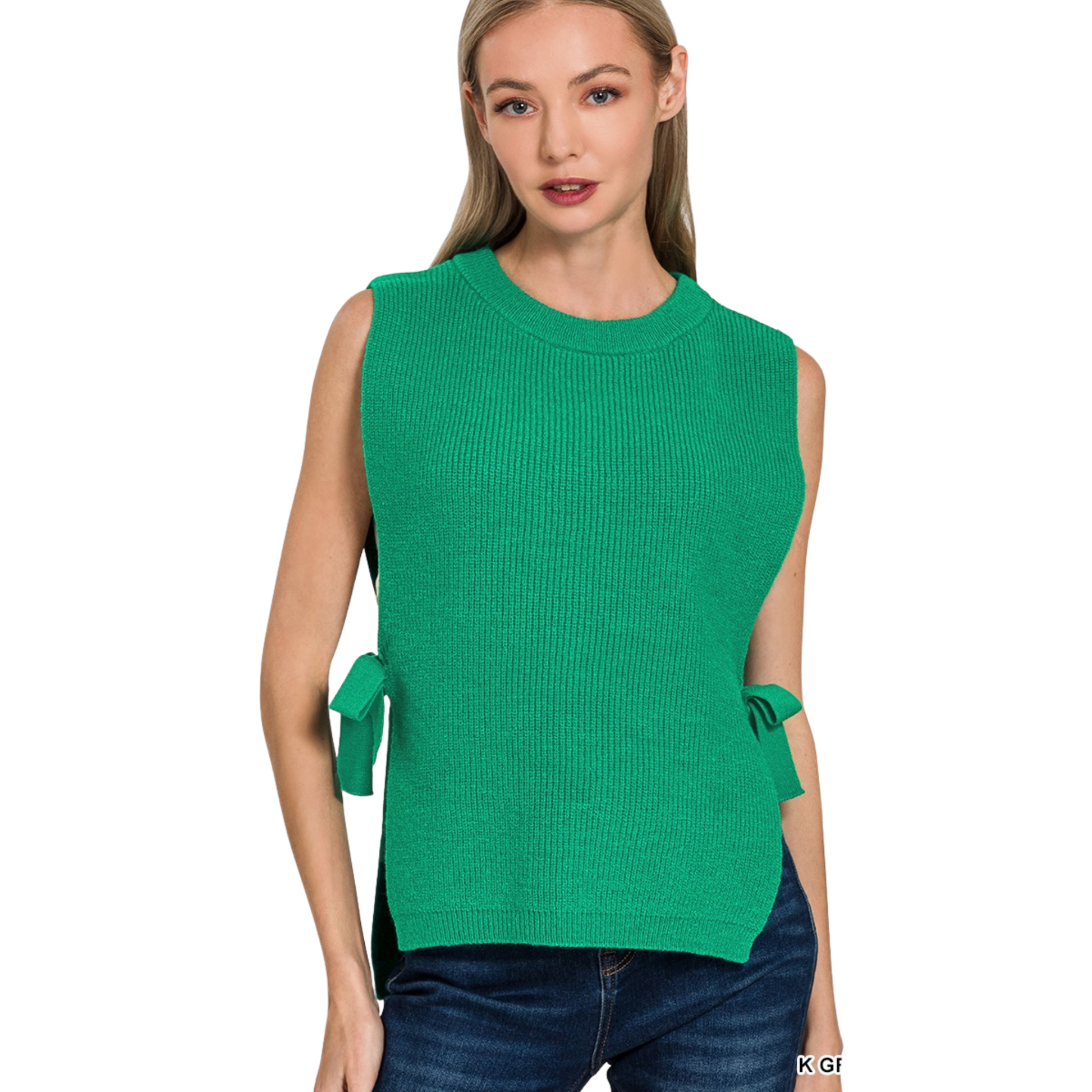 Elevate your layering game with this kelly green sleeveless sweater vest from Zenana. The refined side tie detail adds dimension and allows for customizable fit, making it versatile enough to pair with crisp button-ups, lightweight tees, or flowing blouses. The rich jewel tone complements a wide range of skin tones and seasonal palettes, while the sleeveless silhouette ensures seamless layering year-round. A sophisticated essential that transitions effortlessly from casual to polished.