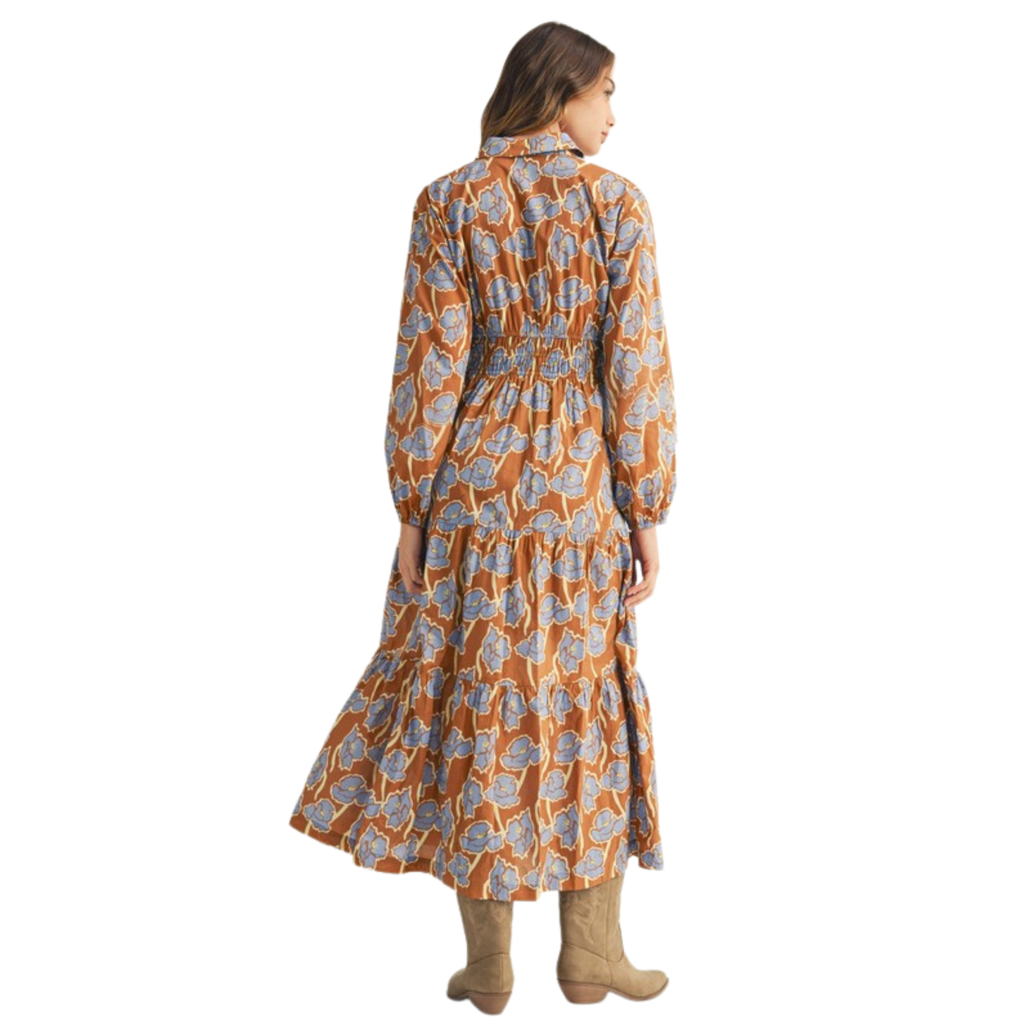 Elevate your seasonal wardrobe with this Jodifl midi dress, featuring a sophisticated toffee base adorned with delicate floral detailing. The tiered silhouette creates graceful movement and dimension, while long sleeves provide versatile layering options for transitional weather. This piece seamlessly bridges casual and polished occasions, offering a refined aesthetic that works equally well for weekend outings or elevated everyday styling. The midi length ensures timeless appeal and flattering proportions.