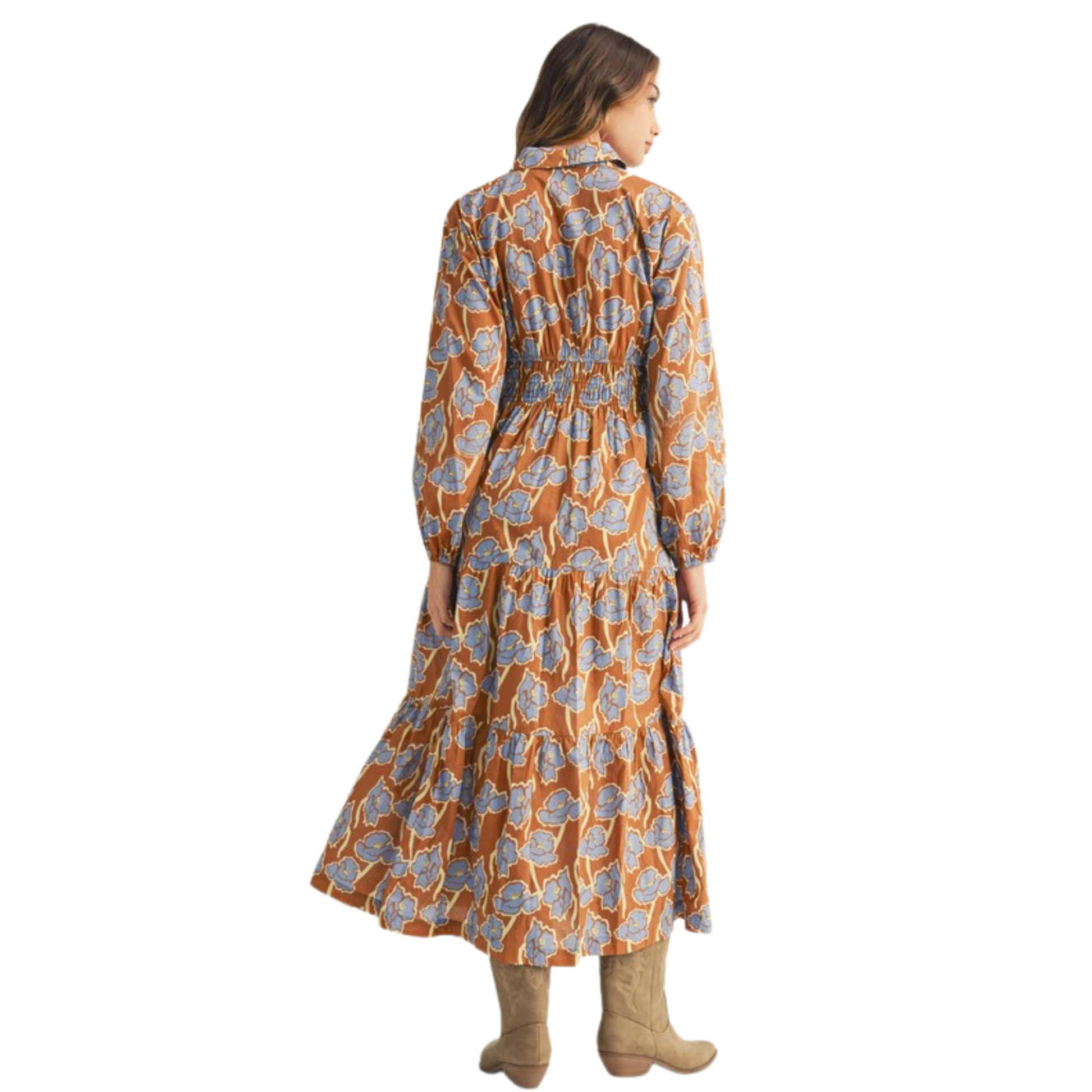 Elevate your seasonal wardrobe with this Jodifl midi dress, featuring a sophisticated toffee base adorned with delicate floral detailing. The tiered silhouette creates graceful movement and dimension, while long sleeves provide versatile layering options for transitional weather. This piece seamlessly bridges casual and polished occasions, offering a refined aesthetic that works equally well for weekend outings or elevated everyday styling. The midi length ensures timeless appeal and flattering proportions.