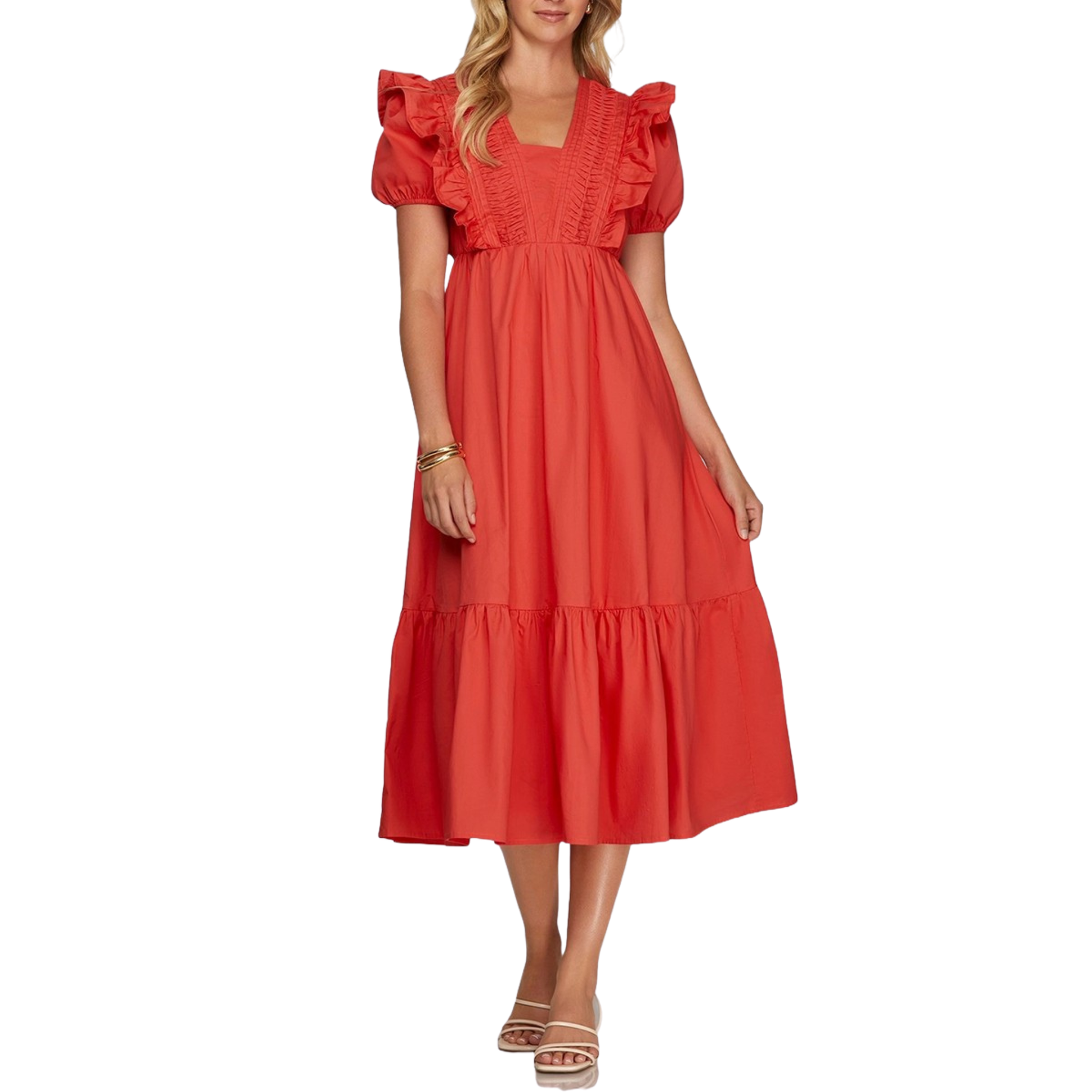 Effortless elegance meets everyday comfort in this tomato-colored midi dress by She+Sky. The flattering pin tuck detailing adds subtle dimension to the bodice, while short sleeves keep you cool and polished. A practical side pocket provides convenient storage without compromising the dress's sleek silhouette. Perfect for casual outings, work, or weekend adventures—this versatile piece transitions seamlessly from day to night.