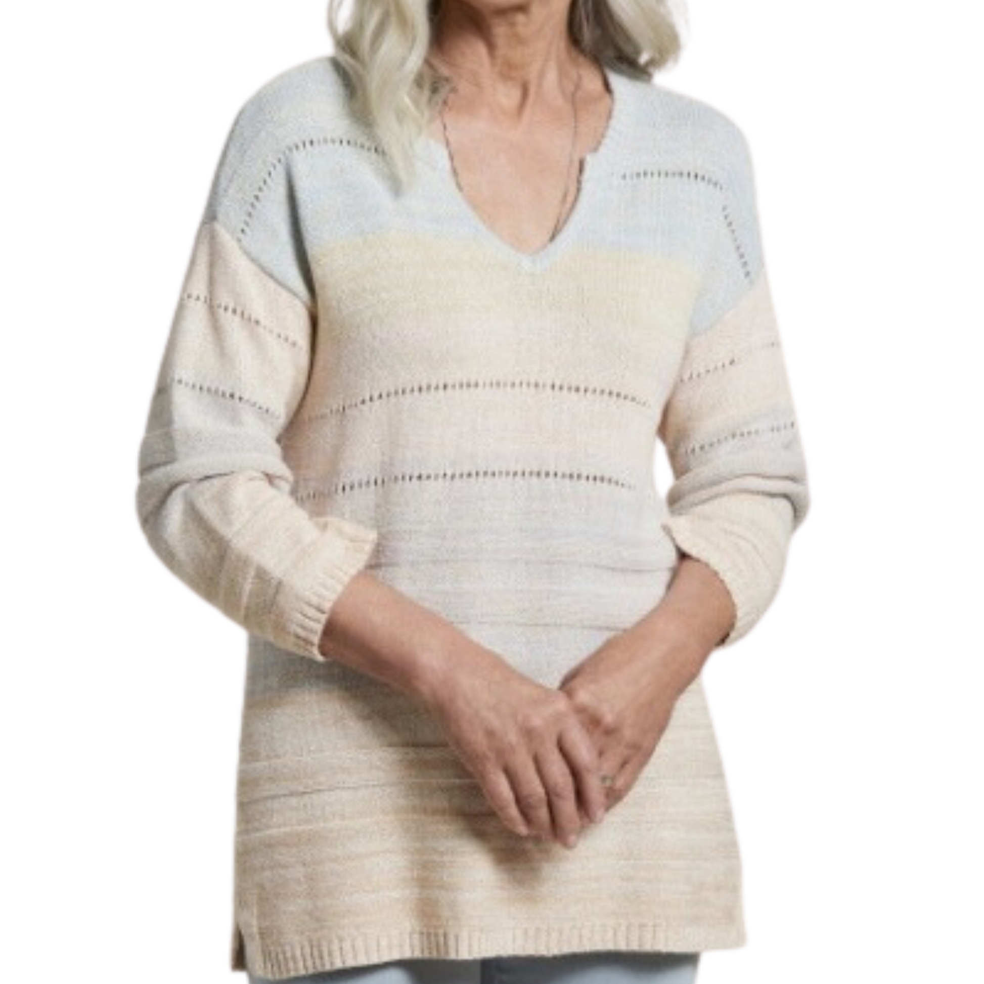tribal brand striped sweater. multicolor with v neck and eyelets