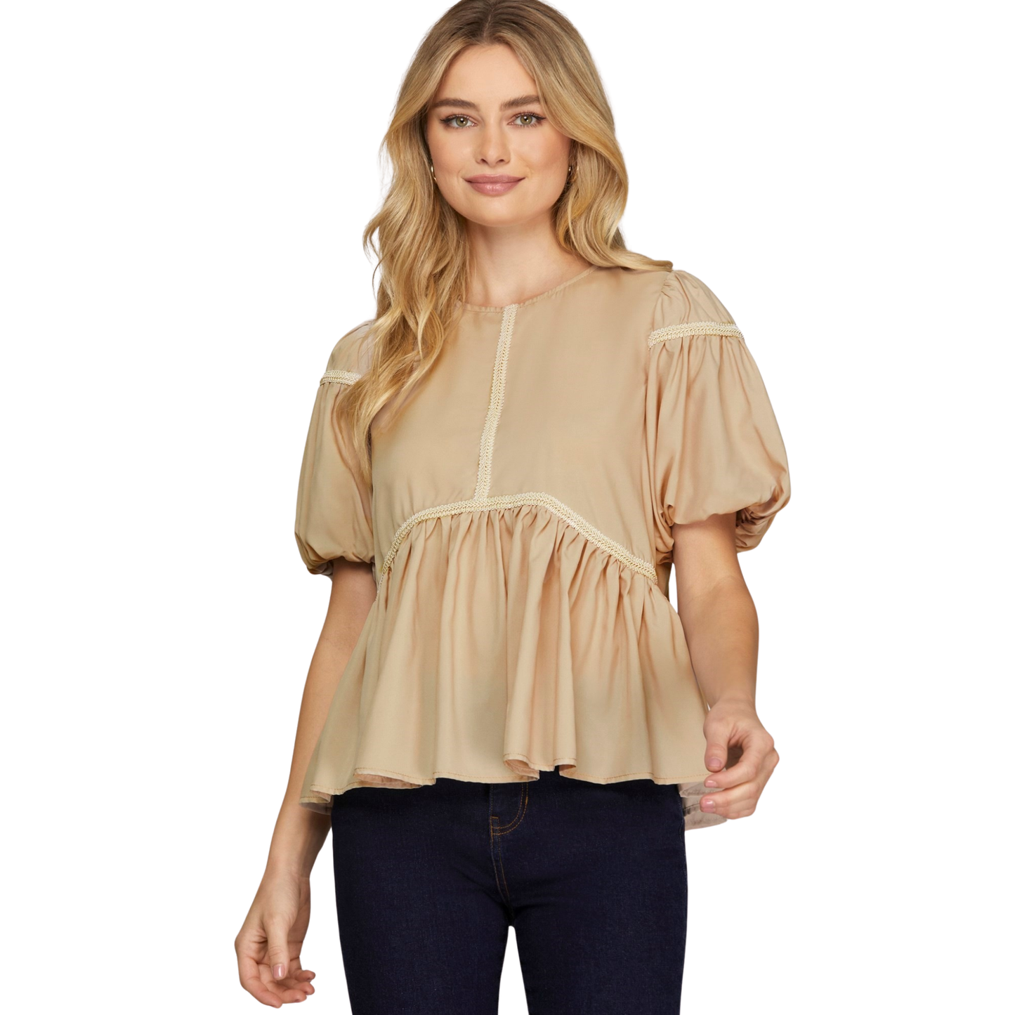 Effortless style meets comfort in this taupe babydoll top from She+Sky. The short sleeves and flattering silhouette create a relaxed, feminine look perfect for everyday wear. Trim detailing adds a subtle touch of sophistication to this versatile wardrobe essential.
