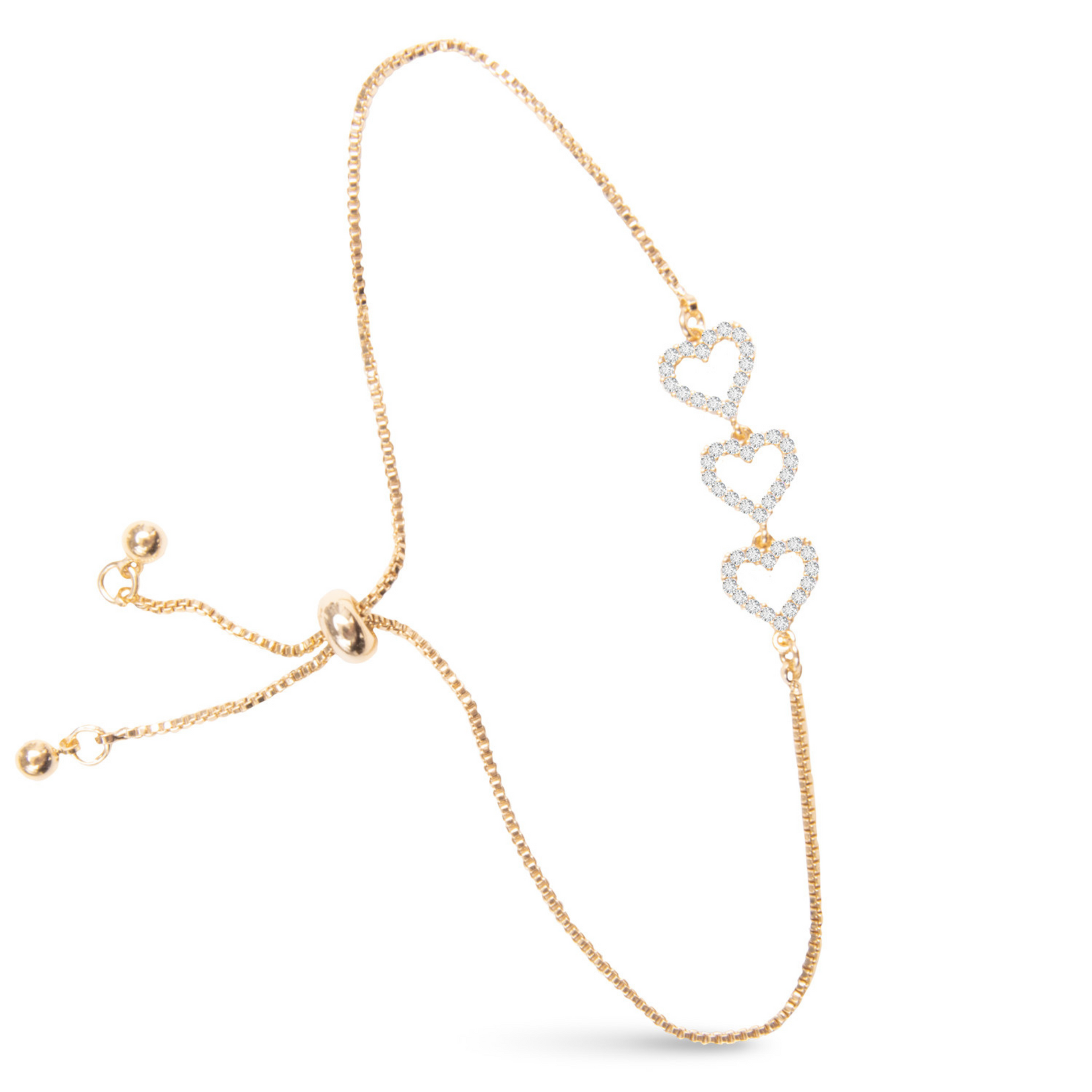 Enhance your style with our Triple Heart Adjustable Bracelet. Made with luxurious gold and adorned with sparkling rhinestone accents, this bracelet features three hearts and is fully adjustable for the perfect fit. Elevate any outfit with this elegant piece.