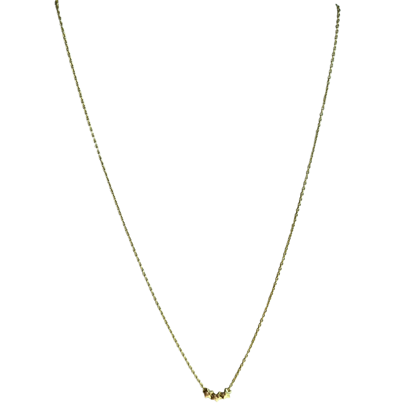 This beautiful necklace features three delicate stars expertly crafted from gold. Perfect for any occasion, its dainty design offers subtle elegance. Add a bit of sparkle to your outfit with this triple star necklace!