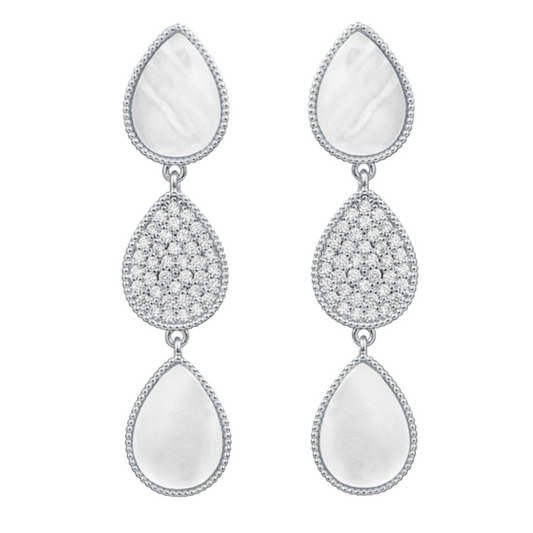 These elegant Triple Teardrop Pearl Earrings feature shimmering silver with sparkling rhinestone accents and lustrous mother of pearl. The dangle design adds sophistication to any look. Upgrade your style with these timeless teardrop shaped earrings.