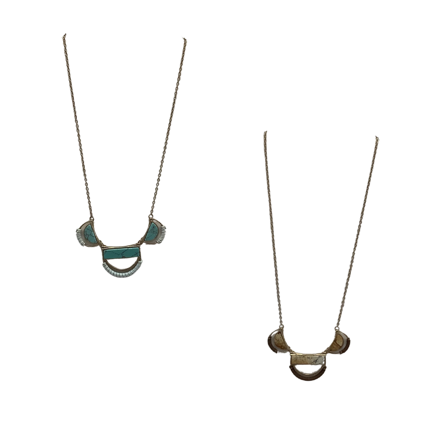 This Tri-Stone Necklace is a unique piece of jewelry featuring natural and turquoise colors. Its long length allows you to wear it as a single necklace or layer it with other necklaces for a bold look. Handcrafted with quality materials, this necklace is a timeless accessory for any outfit.