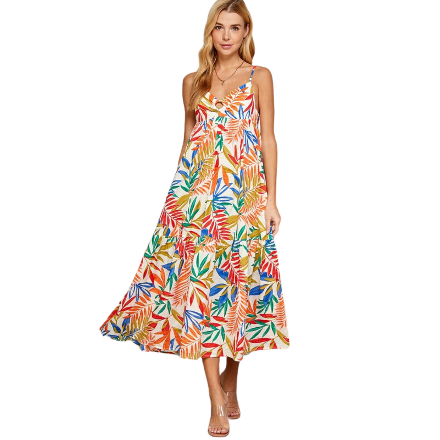 tiered maxi dress in a multicolor tropical print
