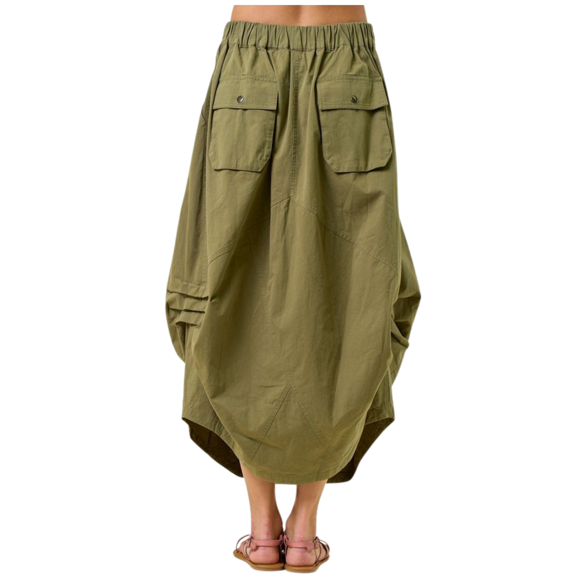 This olive-colored midi skirt from Doe and Rae features a sophisticated side tuck detail that enhances its silhouette with subtle dimension. The adjustable drawstring waist ensures a customizable, comfortable fit, making it ideal for both polished office looks and relaxed weekend wear. Crafted for style and ease, this skirt offers versatile elegance in a flattering mid-length cut.
