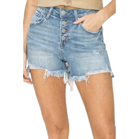 Expertly crafted from light wash denim, these High Rise Button Front Shorts are the perfect addition to your summer wardrobe. The unique step side hem adds a touch of modern style, while the button front closure provides a secure fit. Stay cool and stylish all season long with these must-have shorts.